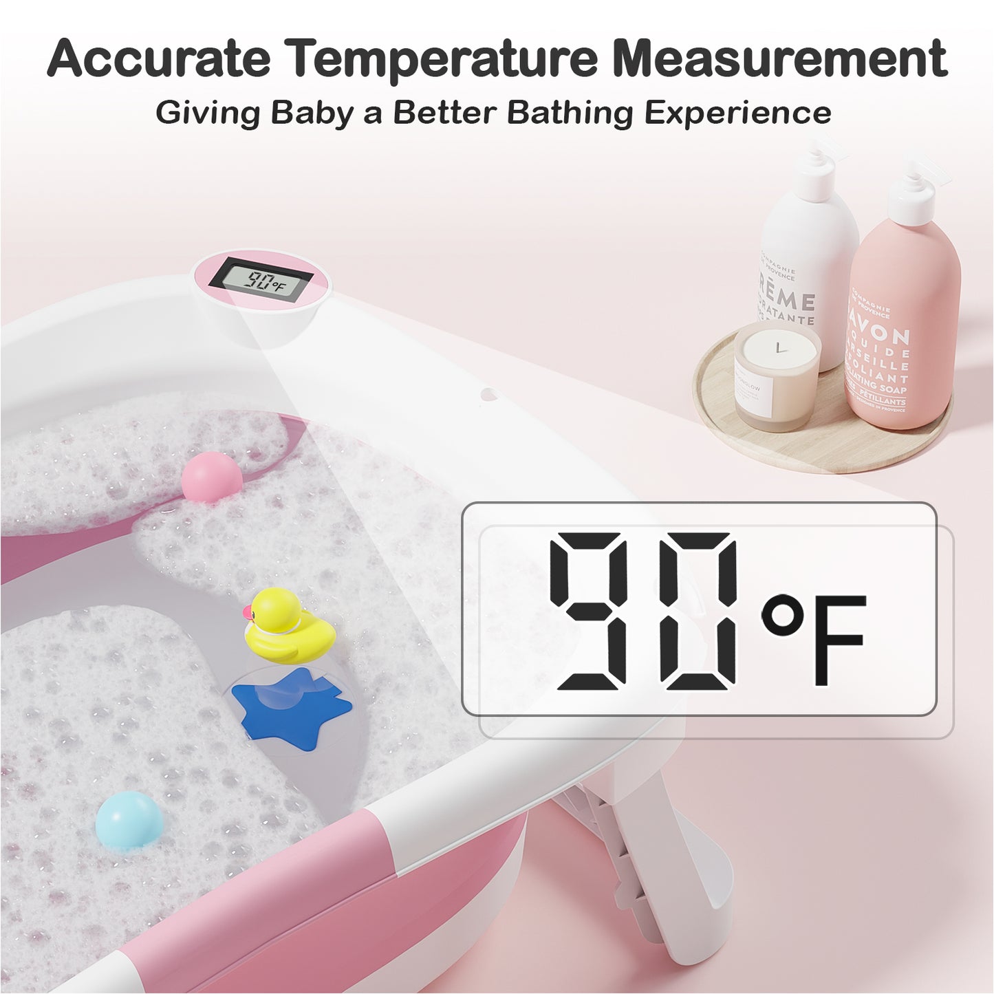 Aprpink Foldable Baby Bathtub PP+TPE with Soft Bath Net&Thermometer for 0-36 Months Toddler Dark Pink