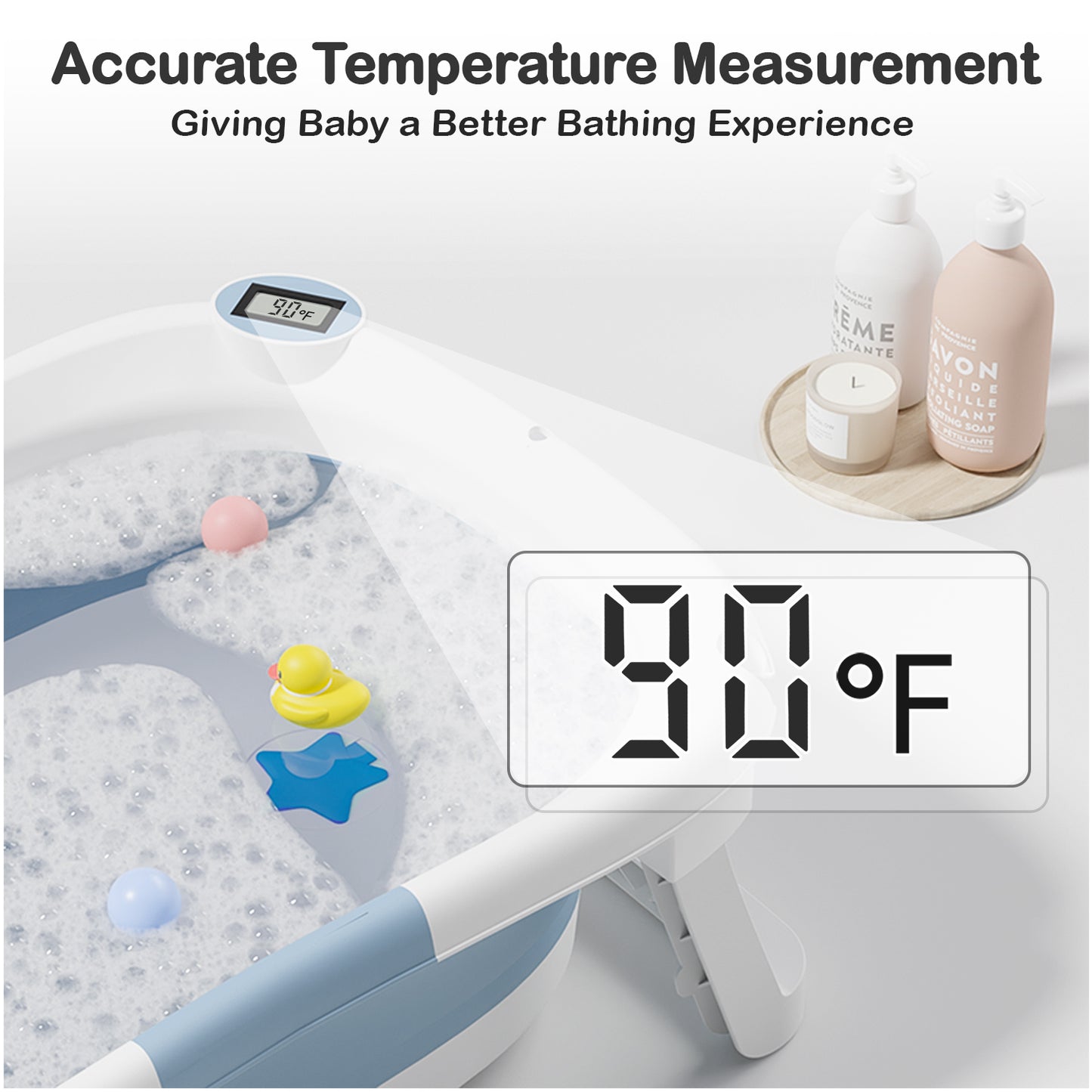 Aprpink Foldable Baby ‎PP+TPE Bathtub with Soft Cushion&Thermometer for 0-36 Months Toddler Light Blue