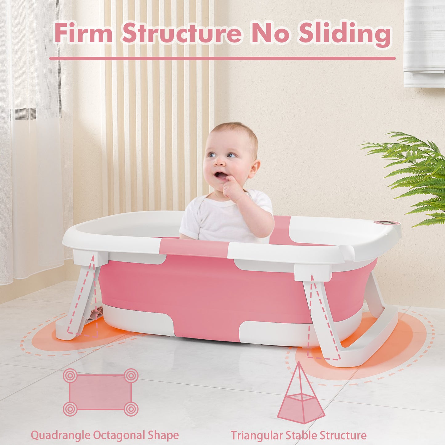 Aprpink Foldable Baby ‎PP+TPE Bathtub with Soft Cushion&Thermometer for 0-36 Months Toddler Dark Pink