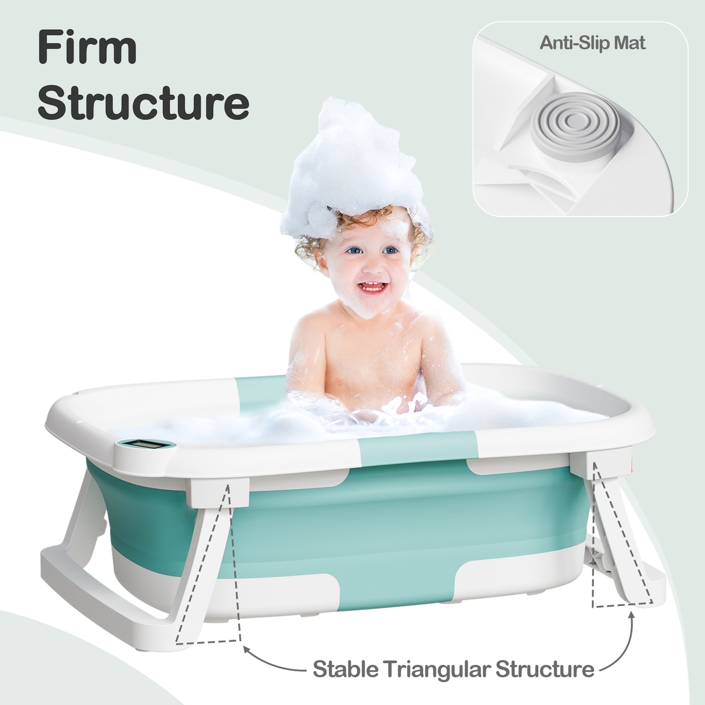 Aprpink Foldable Baby Bathtub PP+TPE with Soft Bath Net&Thermometer for 0-36 Months Toddler Turquoise
