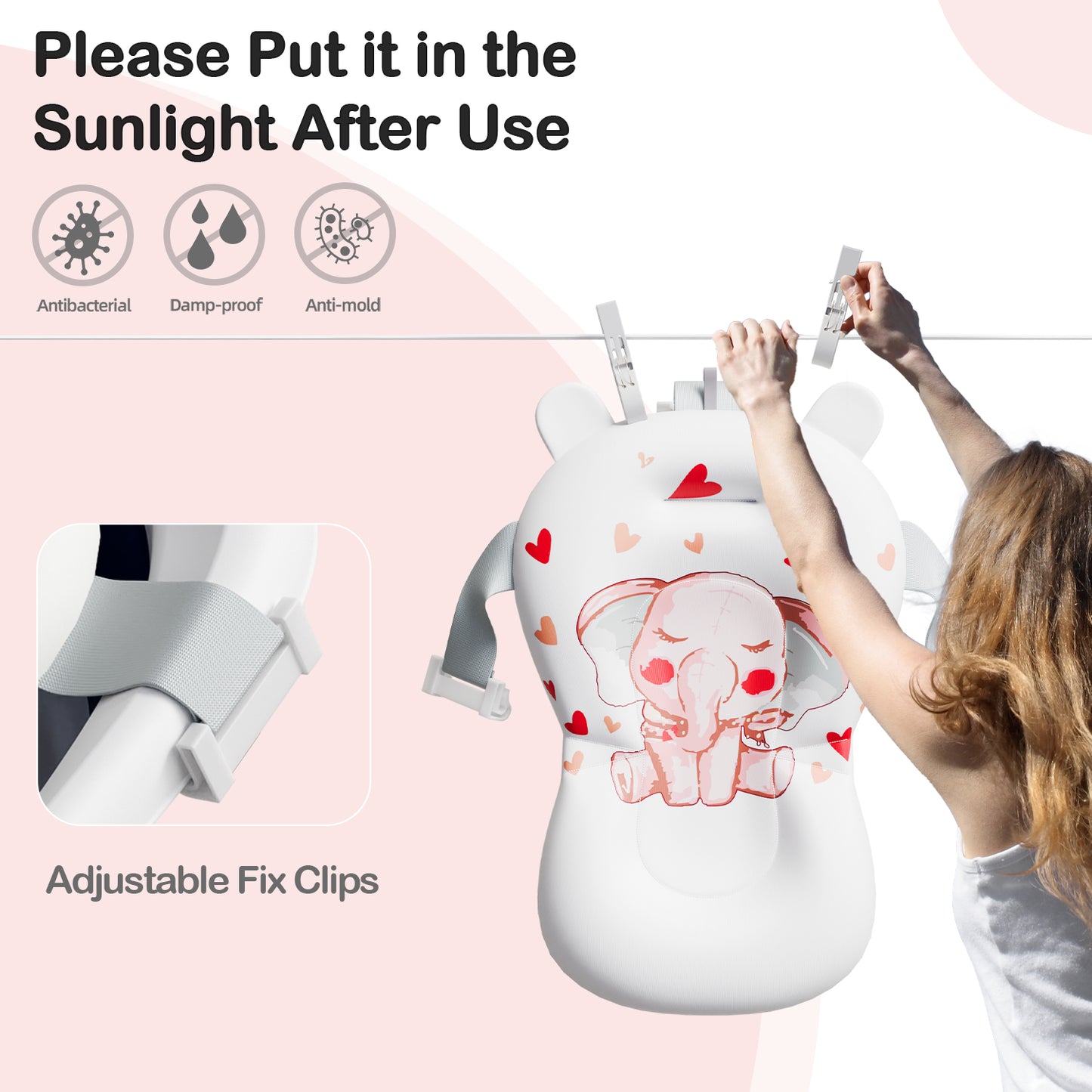 Aprpink Foldable Baby ‎Bathtub Elephant PP+TPE with Soft Cushion&Thermometer for 0-36 Months Toddler Pink