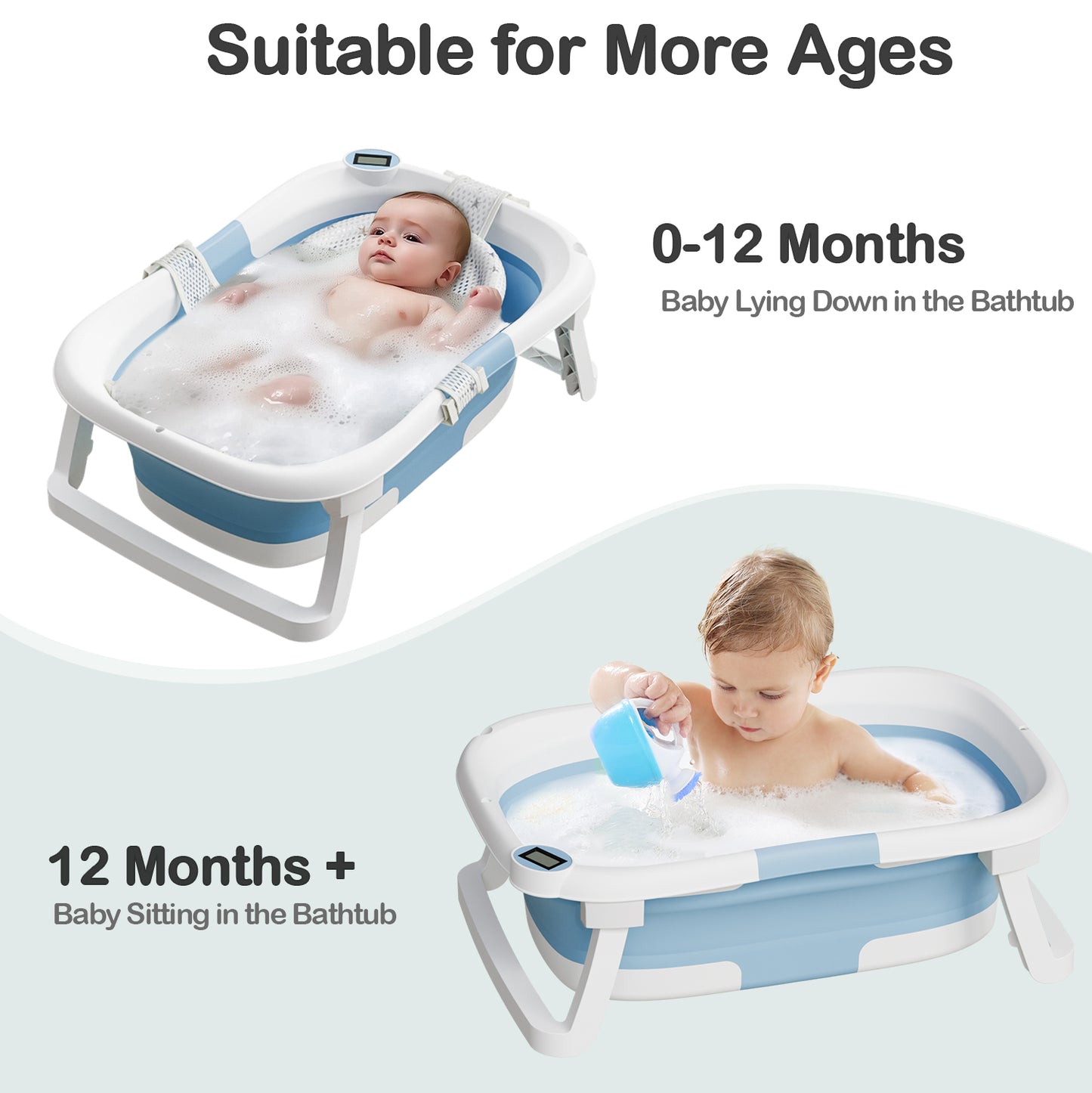 Aprpink Foldable Baby ‎PP+TPE Bathtub with Soft Cushion&Thermometer for 0-36 Months Toddler Light Blue