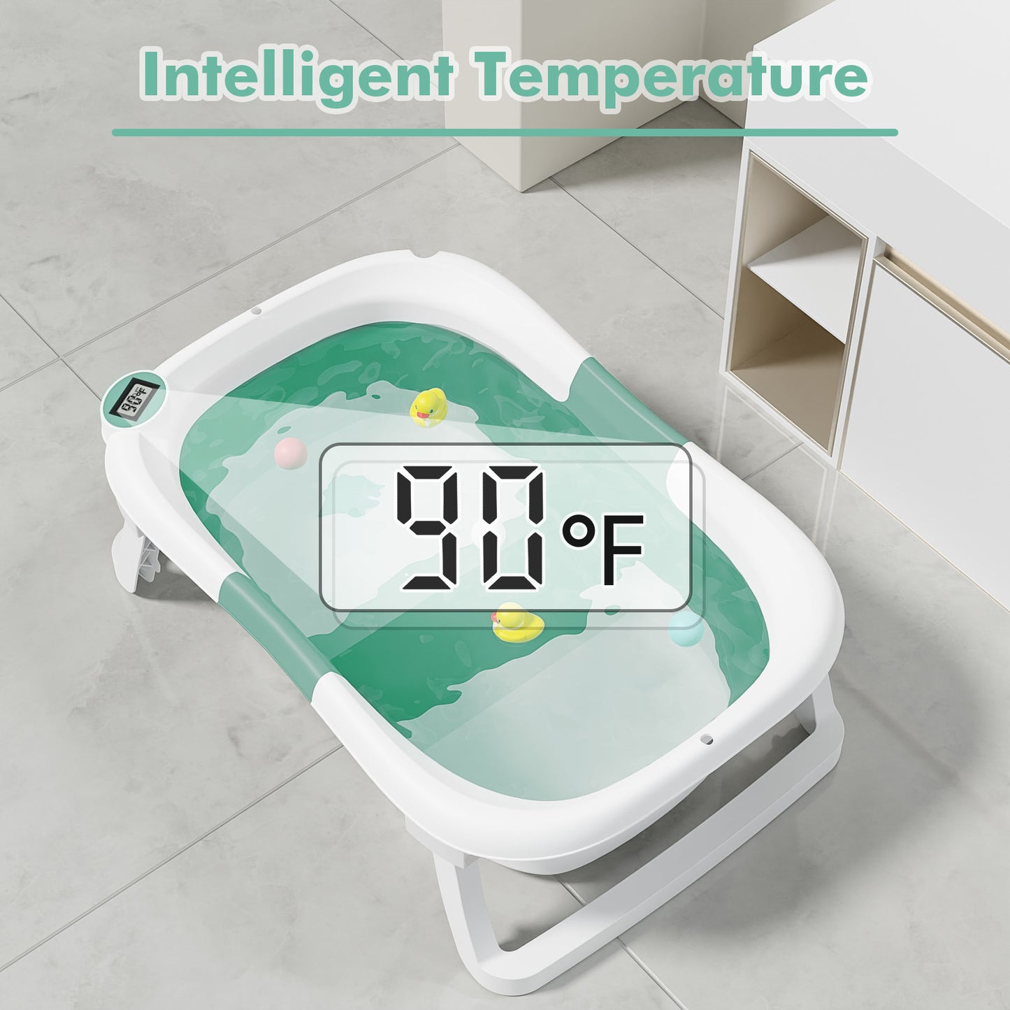 Aprpink Foldable Baby ‎PP+TPE Bathtub with Soft Cushion&Thermometer for 0-36 Months Toddler Turquoise