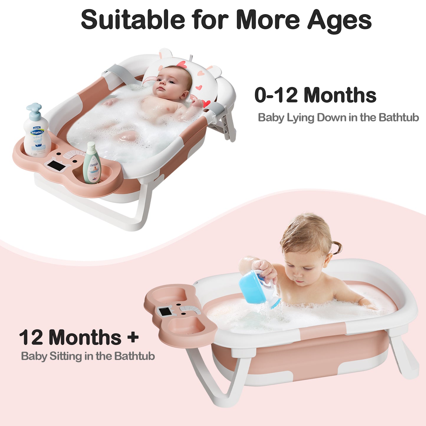 Aprpink Foldable Baby ‎Bathtub Elephant PP+TPE with Soft Cushion&Thermometer for 0-36 Months Toddler Pink