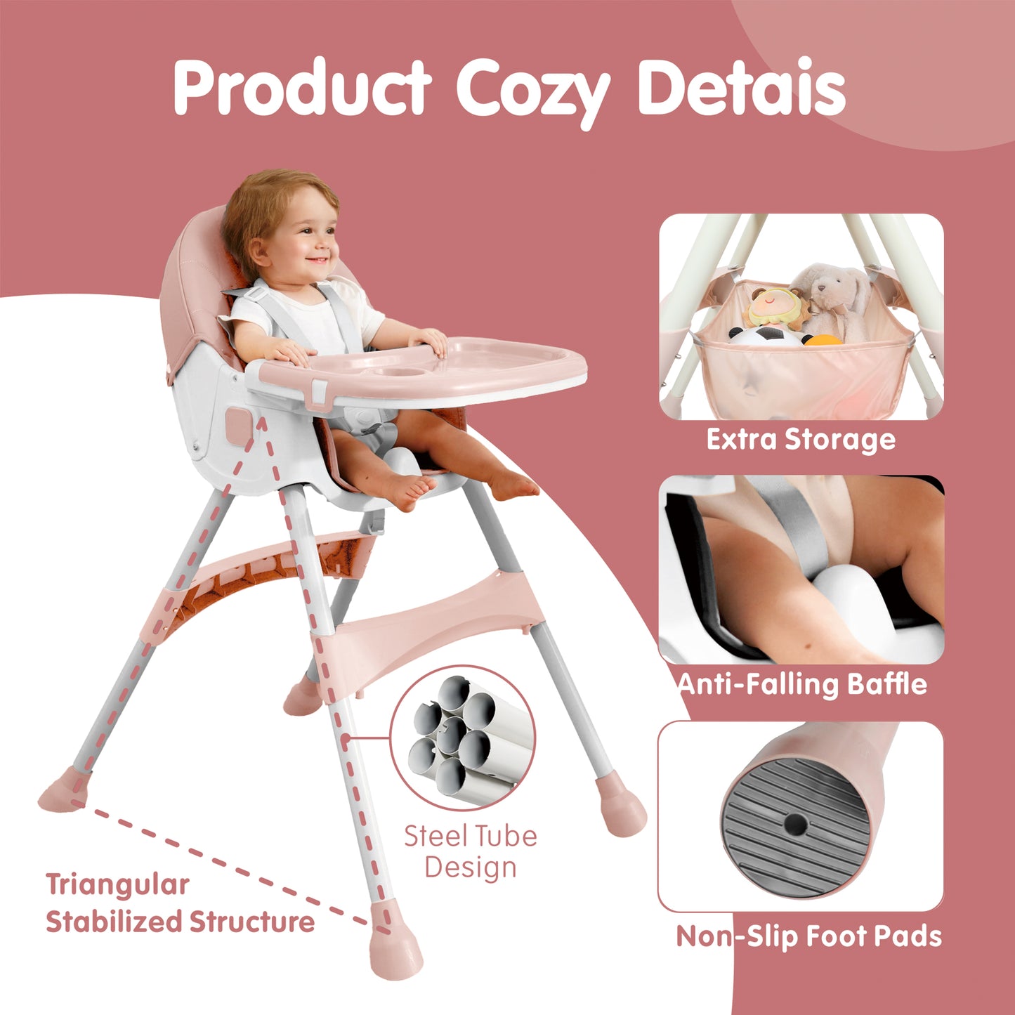 Aprpink 6 in 1 Baby Convertible High Chair with 5 Point PU Safety Harness, Pink Striped, 1 Piece