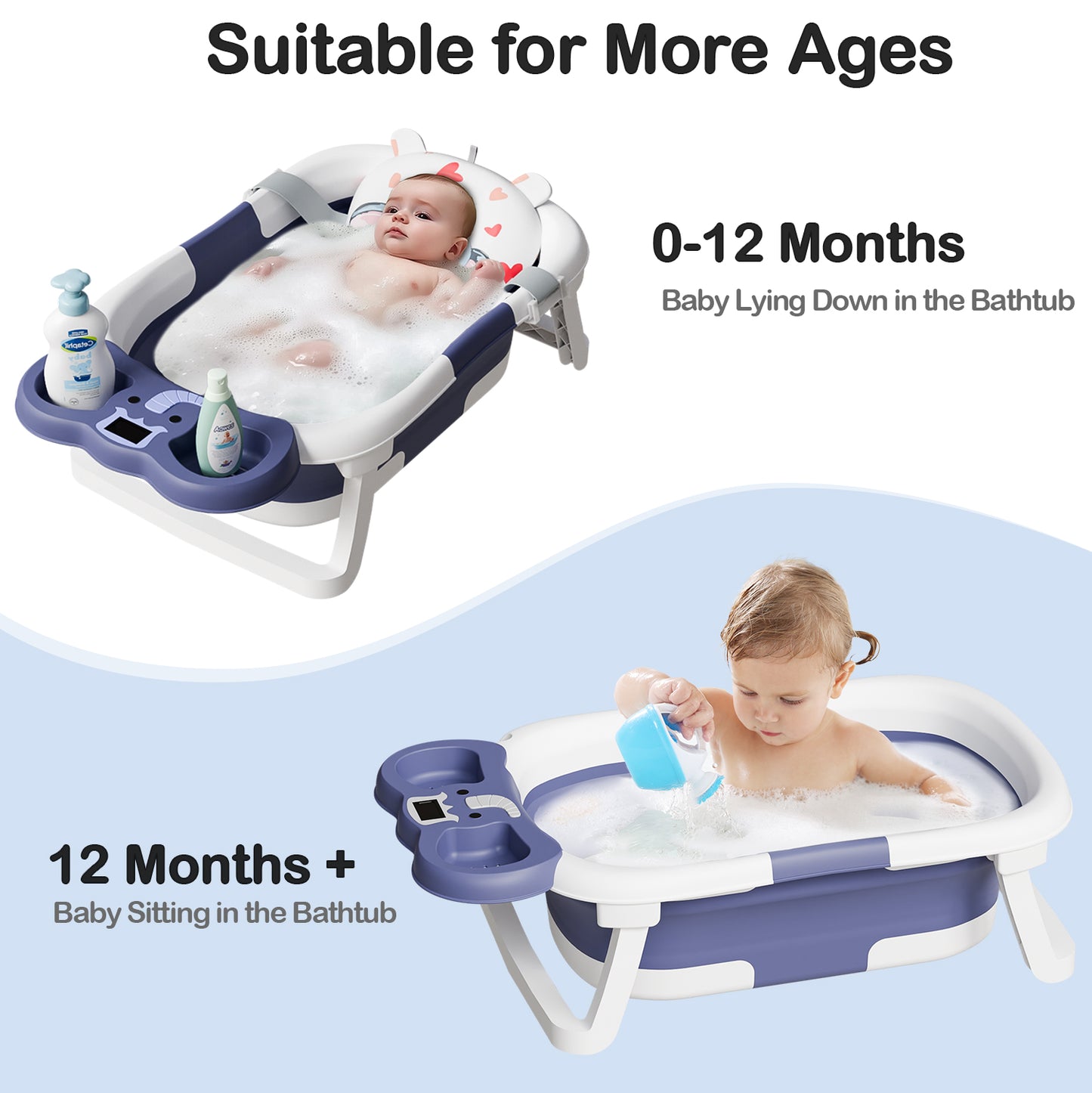 Aprpink Foldable Baby ‎Bathtub Elephant PP+TPE with Soft Cushion&Thermometer for 0-36 Months Toddler Blue