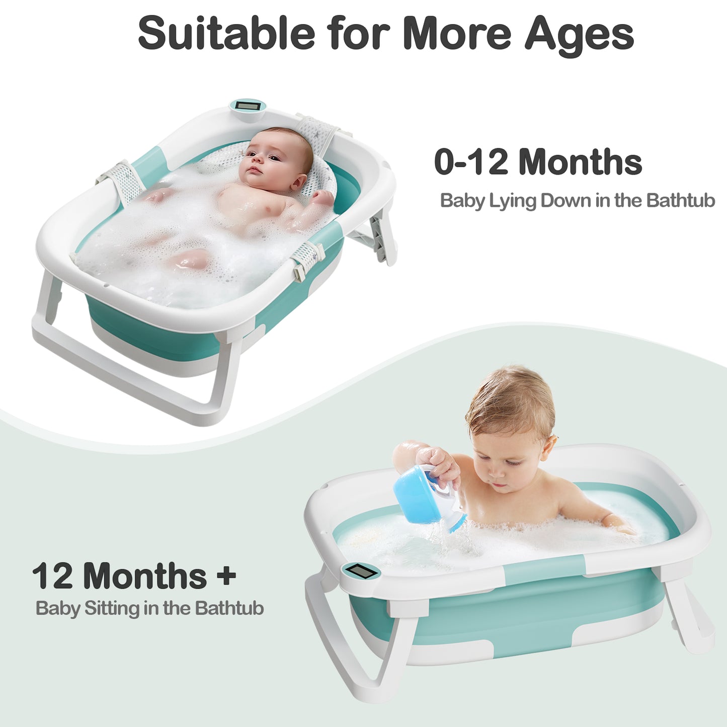 Aprpink Foldable Baby Bathtub PP+TPE with Soft Bath Net&Thermometer for 0-36 Months Toddler Turquoise