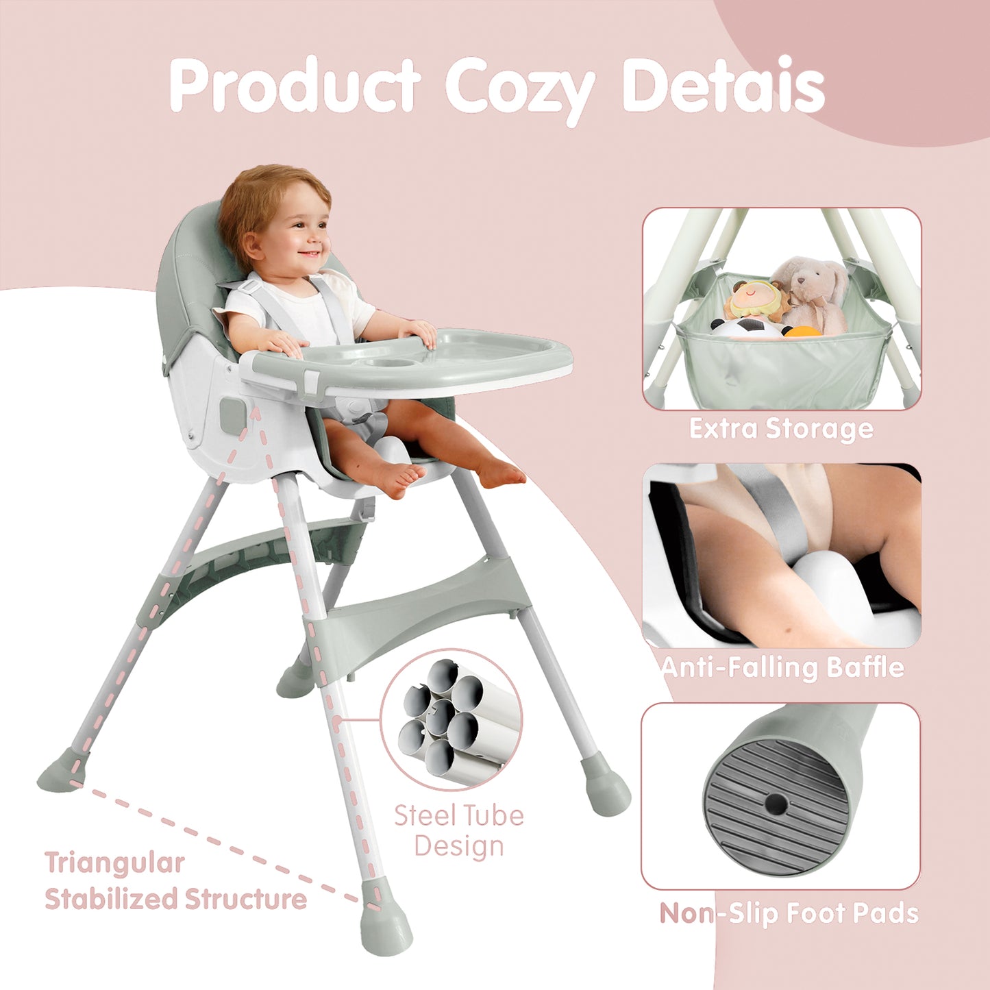 Aprpink 6-in-1 Baby Convertible High Chair with 5-Point PU Safety Harness, /Green Striped, 1 Piece