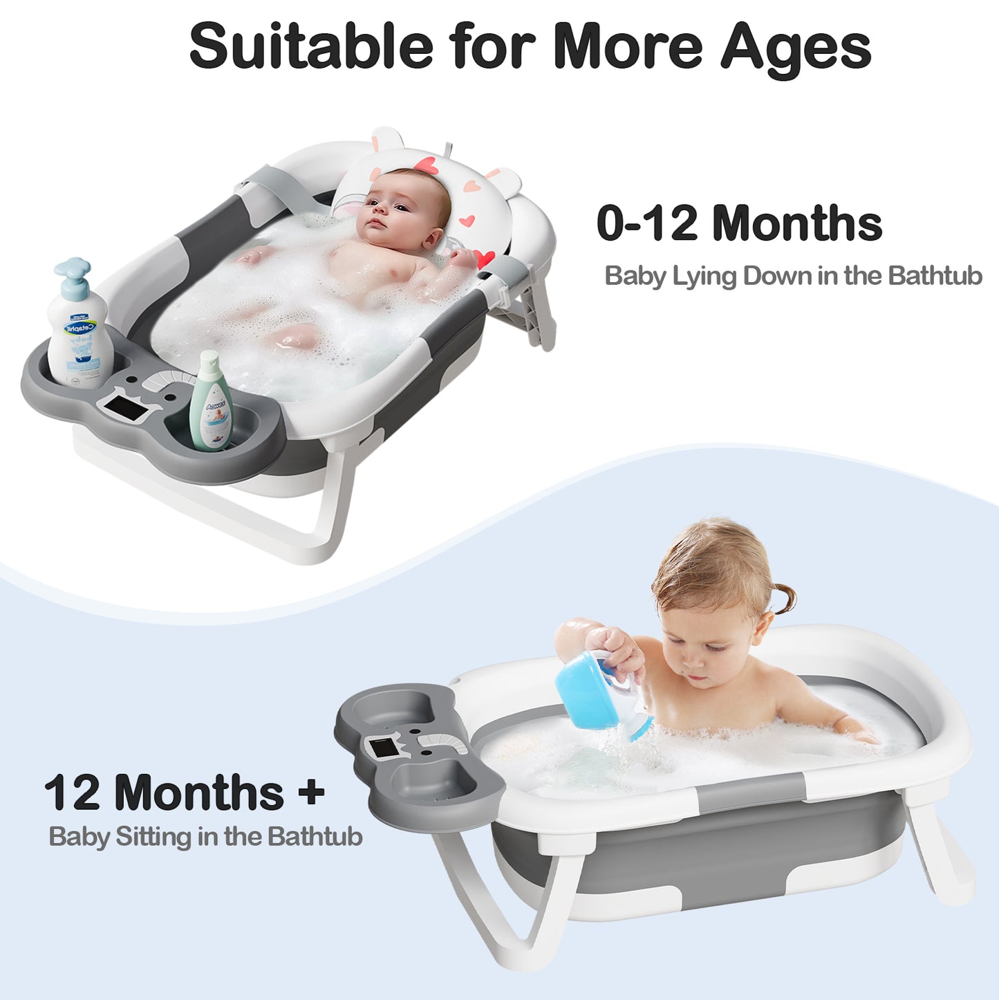 Aprpink Foldable Baby ‎Bathtub Elephant PP+TPE with Soft Cushion&Thermometer for 0-36 Months Toddler Gray