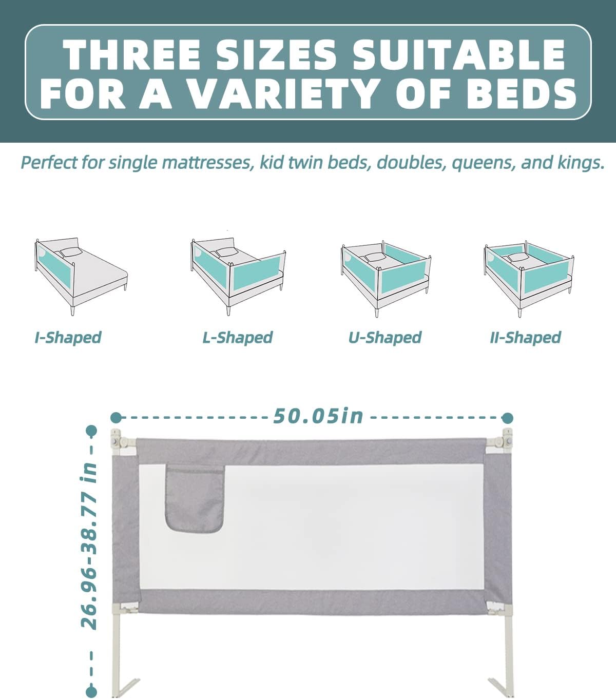 Bed Rail for Toddlers, Extra Tall（Height Adjustable） Specially Designed for Twin, Full, Queen, King Size, California King Bed - Safety Baby Bed Guard Rails for Kids (One Side 78.7" x 27")