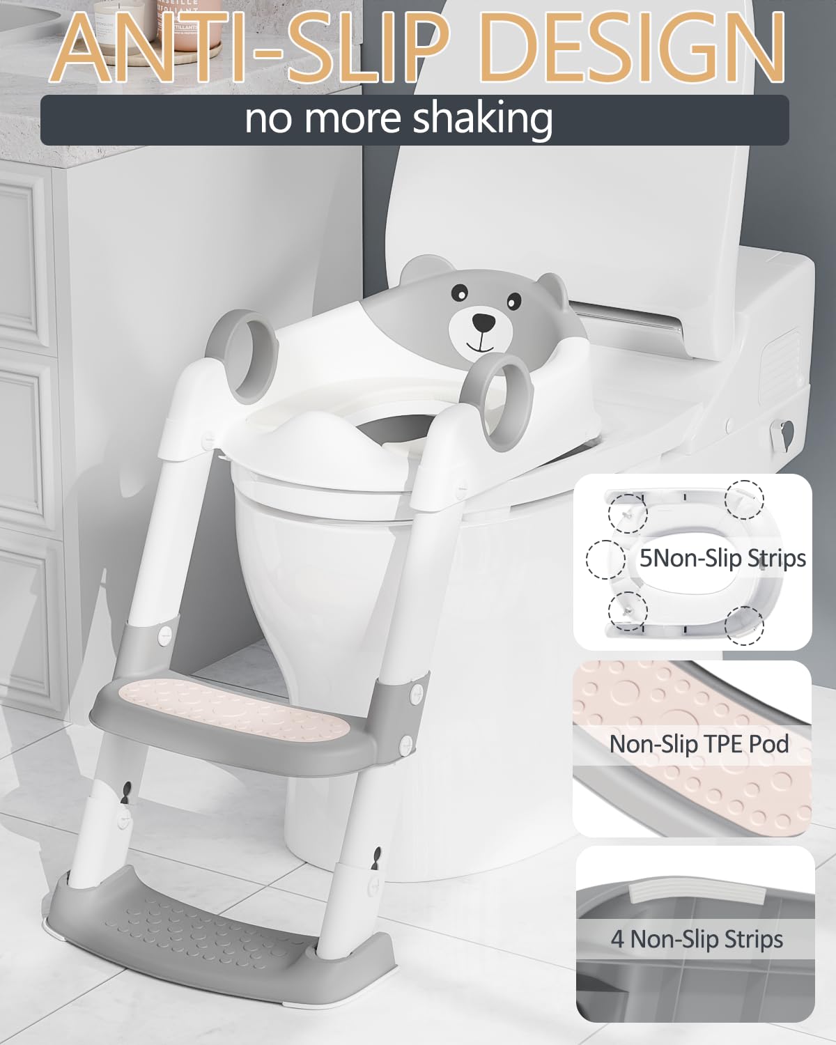 Potty Training Toilet Seat with Step Stool Ladder,Potty Training Toilet for Boys Girls-Comfortable Safe Potty Seat Potty Chair with Anti-Slip Pads Ladder,Splash Guard and Safety Handles (Gray)