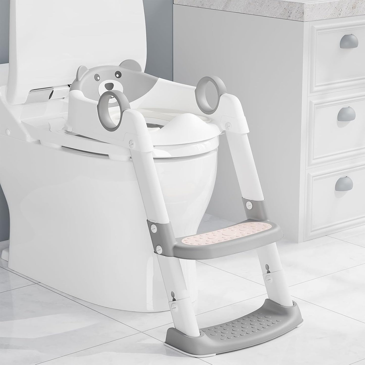 Potty Training Toilet Seat with Step Stool Ladder,Potty Training Toilet for Boys Girls-Comfortable Safe Potty Seat Potty Chair with Anti-Slip Pads Ladder,Splash Guard and Safety Handles (Gray)