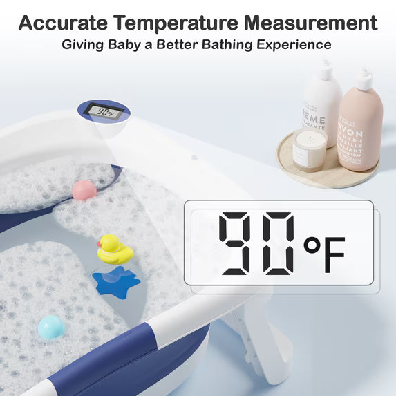 Aprpink Foldable Baby Bathtub PP+TPE with Soft Bath Net&Thermometer for 0-36 Months Toddler Blue