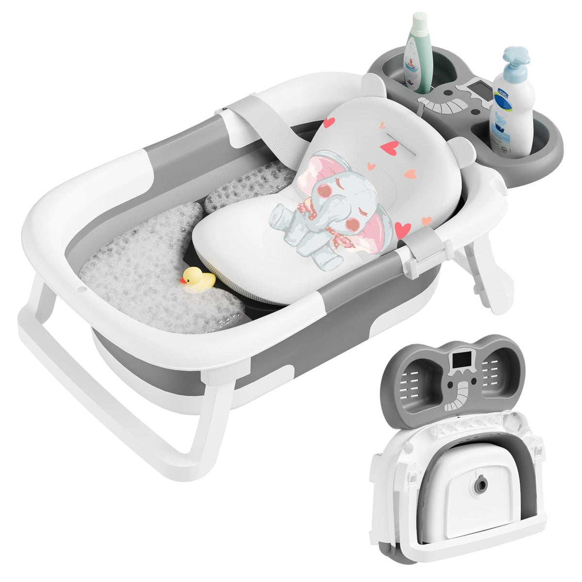 Tumajup Foldable Baby ‎Bathtub Elephant PP+TPE with Soft Cushion&Thermometer for 0-36 Months Toddler Dark Gray
