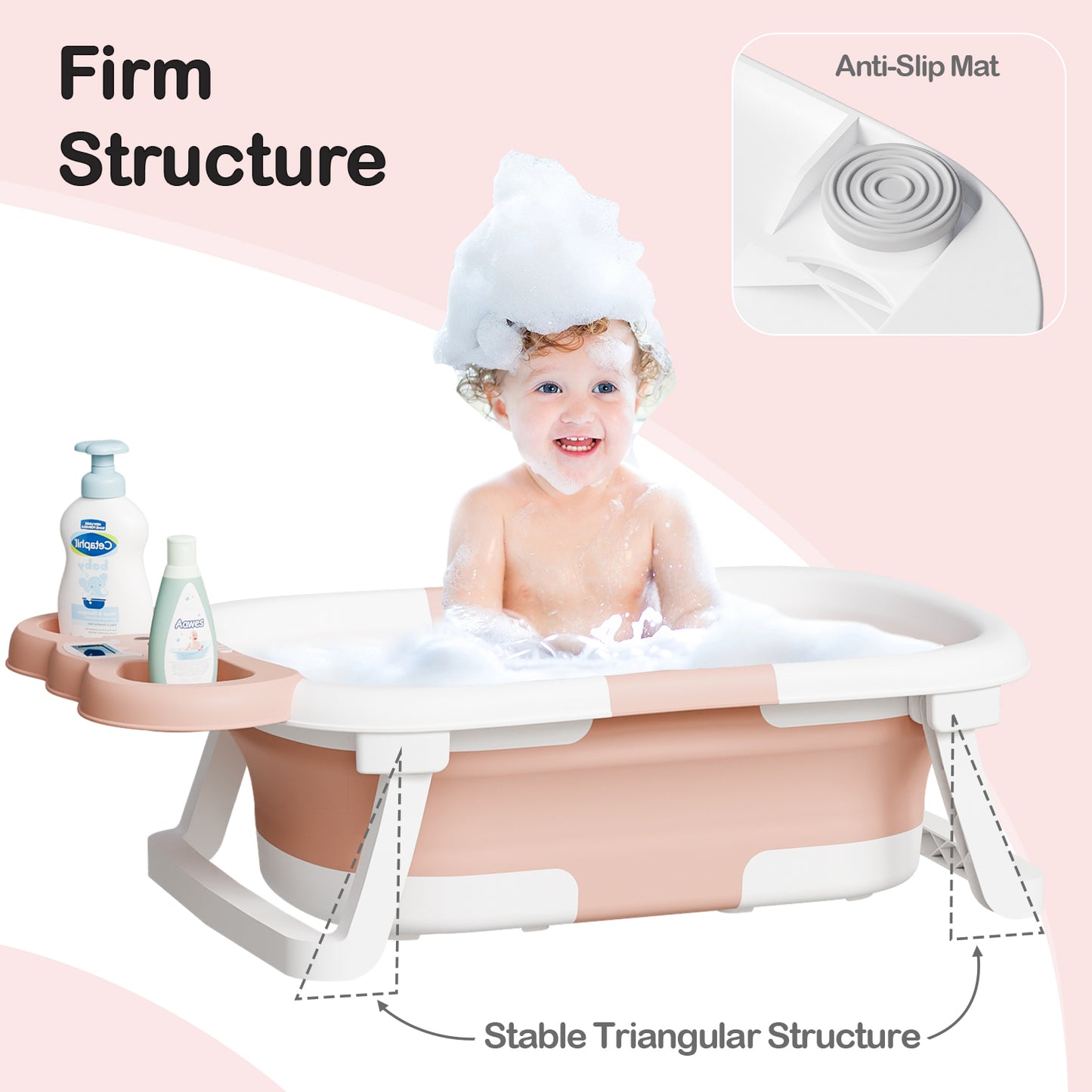 Aprpink Foldable Baby ‎Bathtub Elephant PP+TPE with Soft Cushion&Thermometer for 0-36 Months Toddler Pink