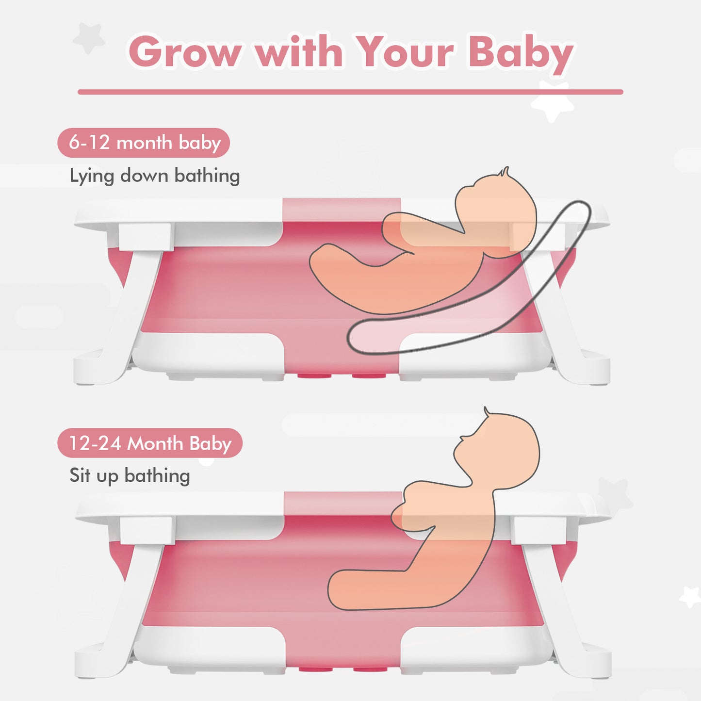 Aprpink Foldable Baby ‎PP+TPE Bathtub with Soft Cushion&Thermometer for 0-36 Months Toddler Dark Pink