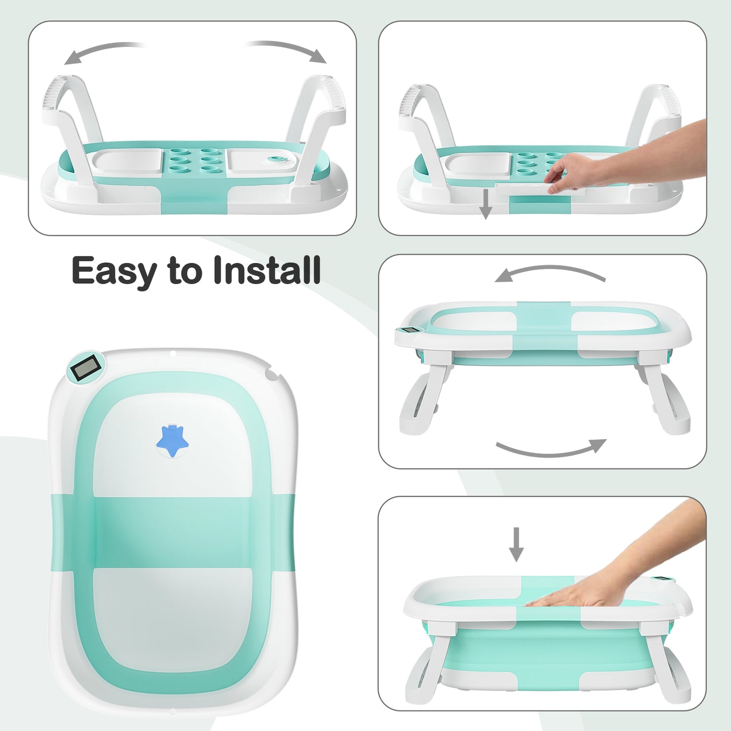 Aprpink Foldable Baby Bathtub PP+TPE with Soft Bath Net&Thermometer for 0-36 Months Toddler Turquoise