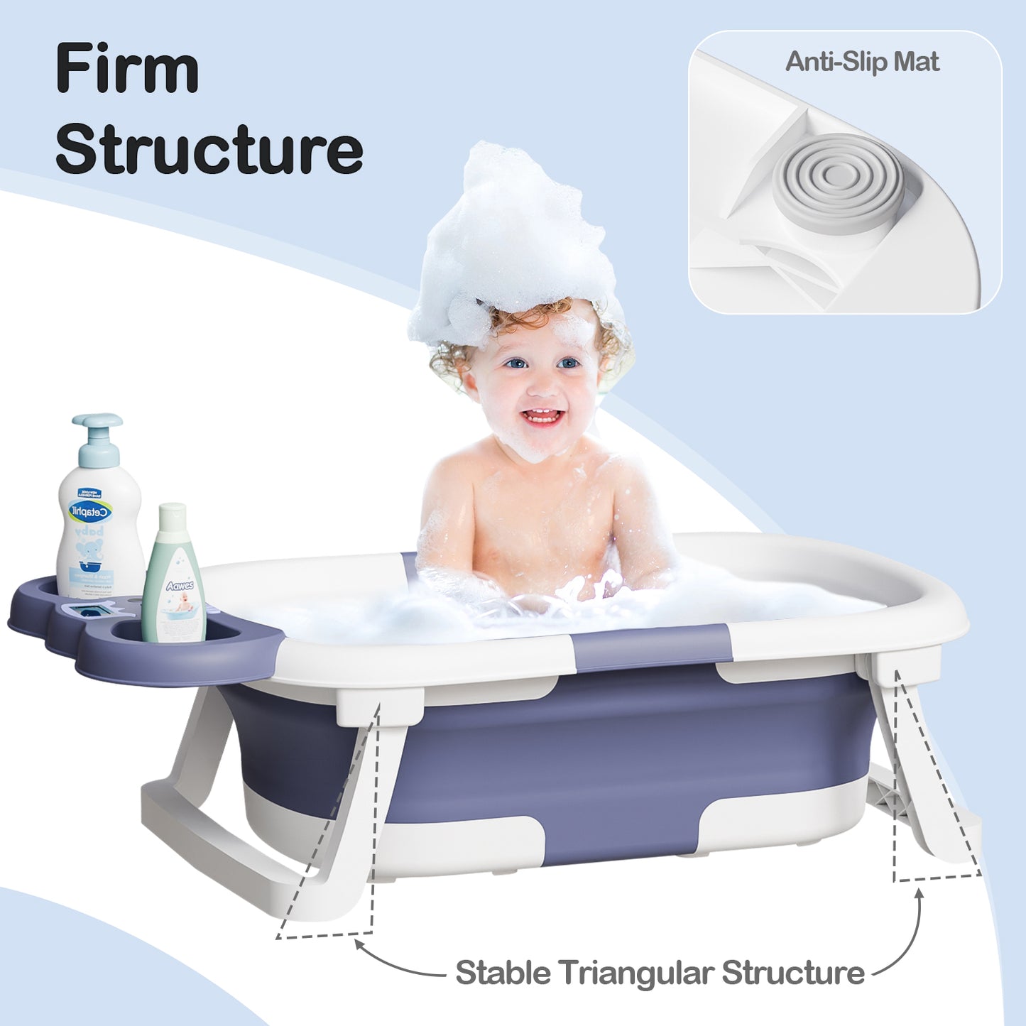 Aprpink Foldable Baby ‎Bathtub Elephant PP+TPE with Soft Cushion&Thermometer for 0-36 Months Toddler Blue
