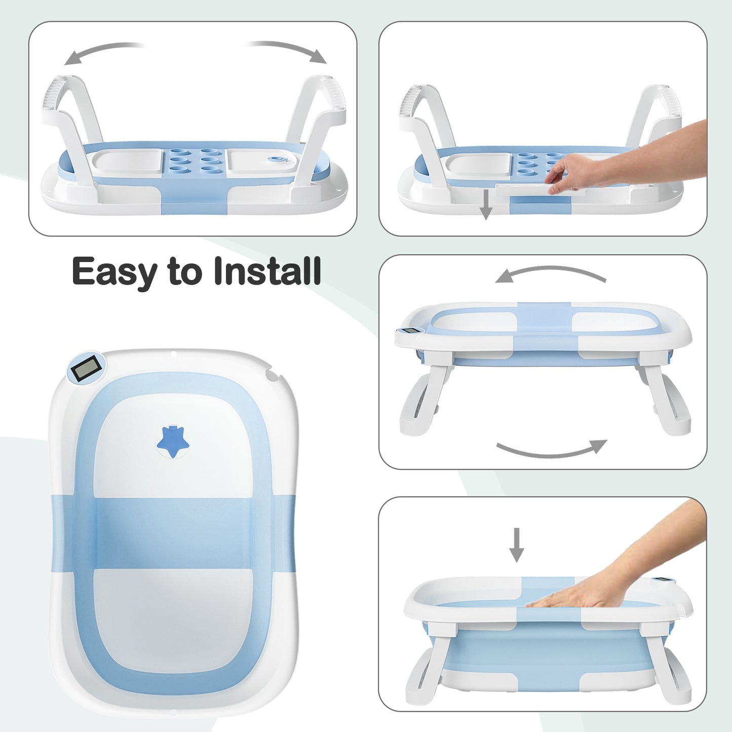 Aprpink Foldable Baby ‎PP+TPE Bathtub with Soft Cushion&Thermometer for 0-36 Months Toddler Light Blue