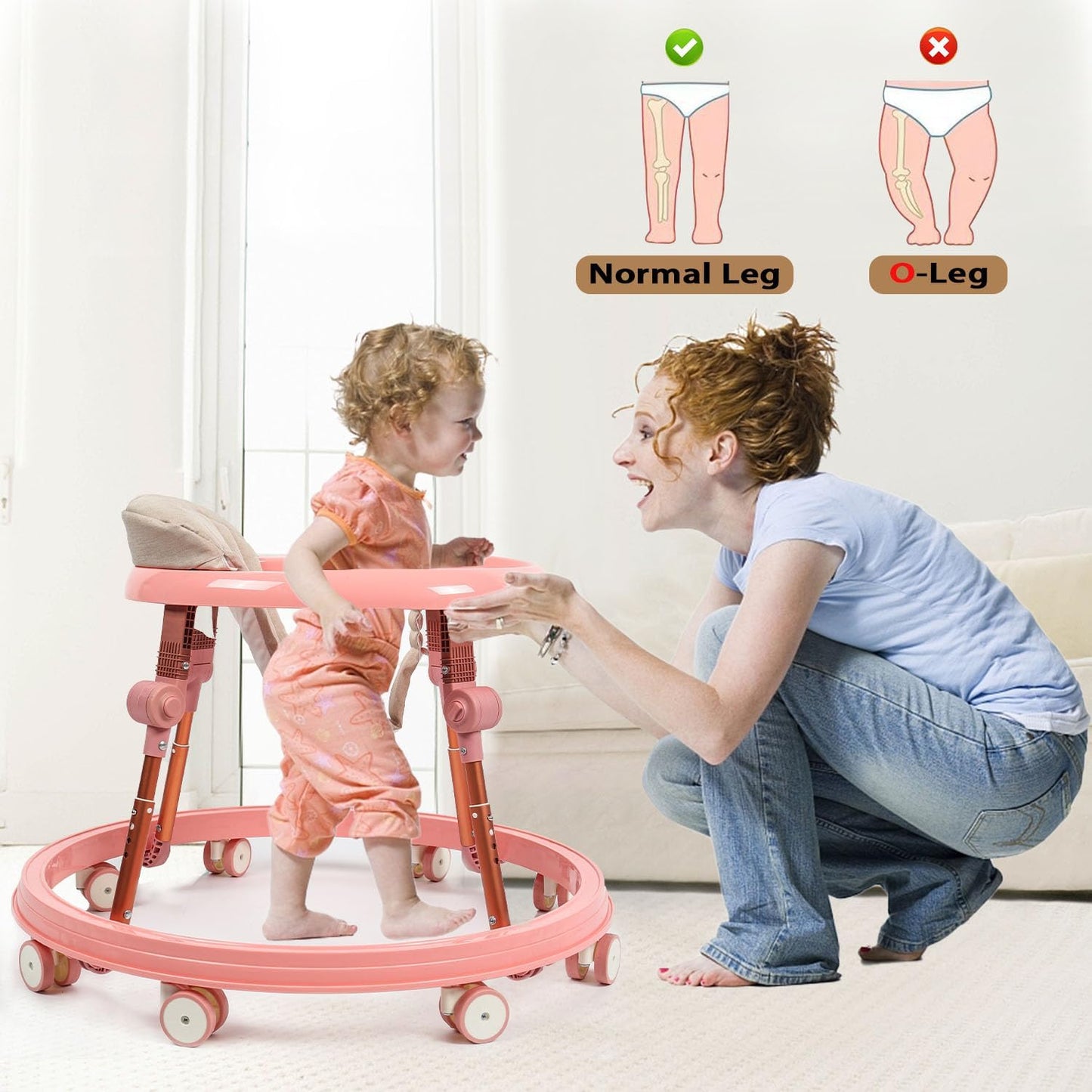 Baby Walker with Wheels, Foldable Adjustable Height Toddler Walker, Baby Walker & Activity Center for Boys Girls 6-18 Months, Enlarged Chassis Baby Walker and Bouncer Combo, Anti-Rollover,Pink