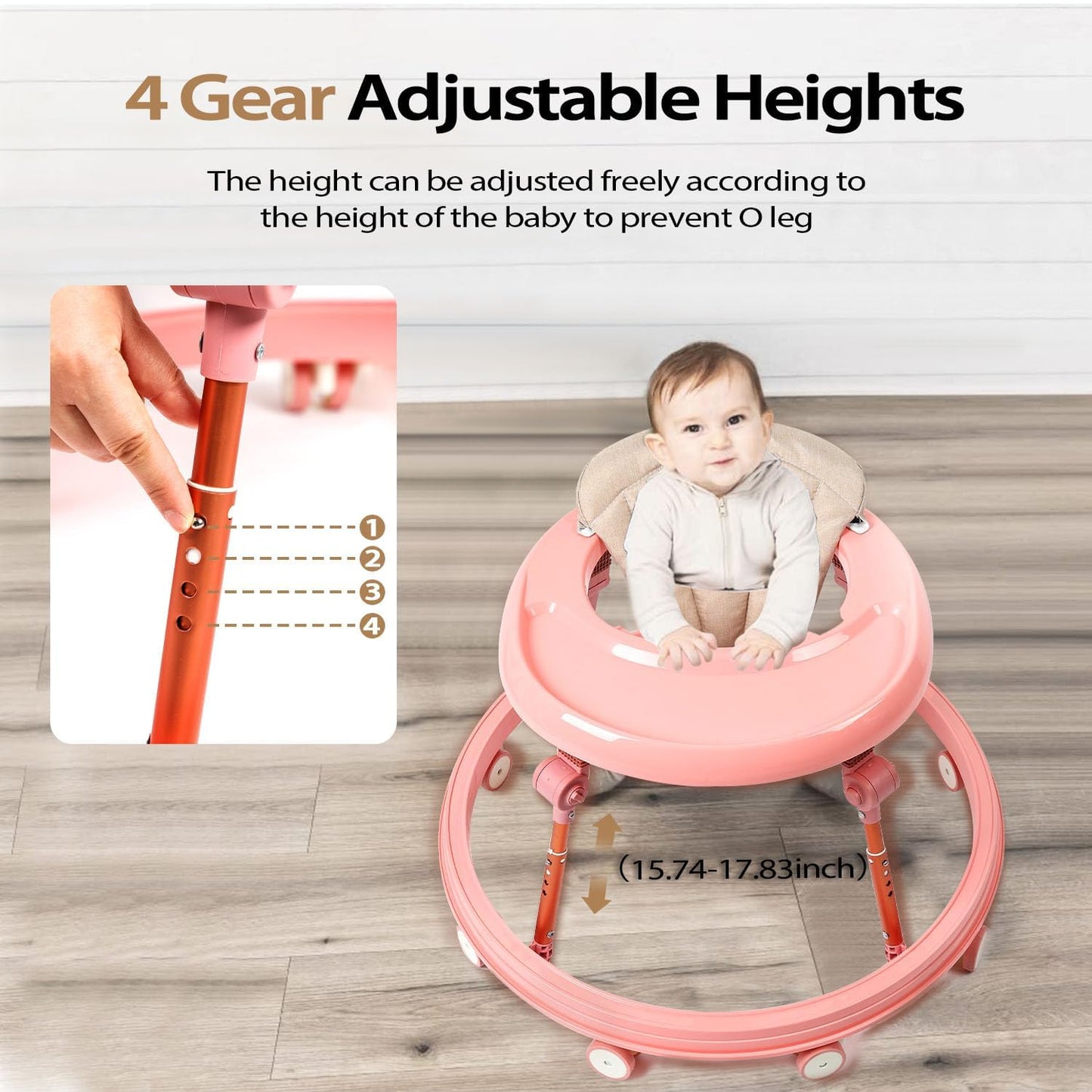 Baby Walker with Wheels, Foldable Adjustable Height Toddler Walker, Baby Walker & Activity Center for Boys Girls 6-18 Months, Enlarged Chassis Baby Walker and Bouncer Combo, Anti-Rollover,Pink