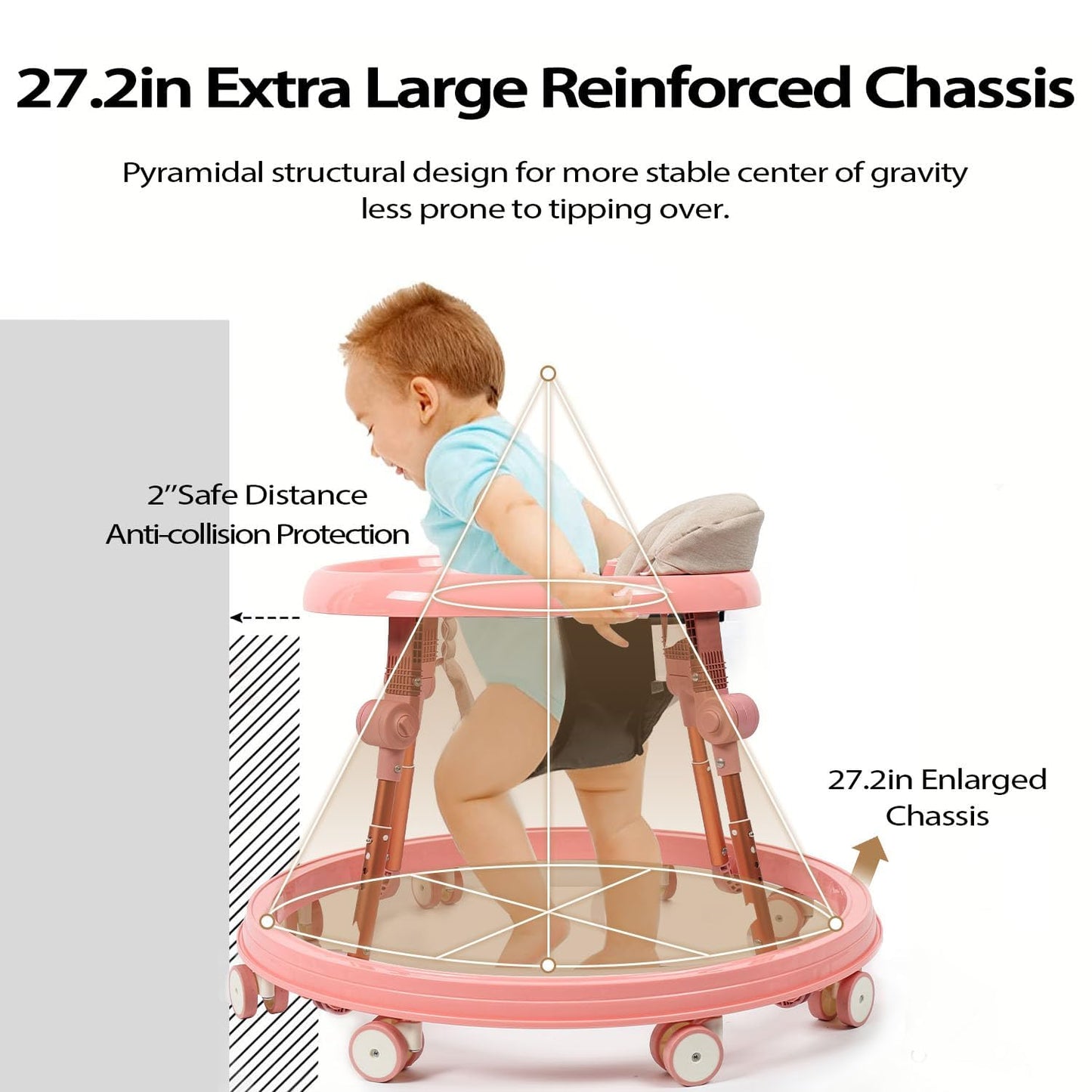 Baby Walker with Wheels, Foldable Adjustable Height Toddler Walker, Baby Walker & Activity Center for Boys Girls 6-18 Months, Enlarged Chassis Baby Walker and Bouncer Combo, Anti-Rollover,Pink