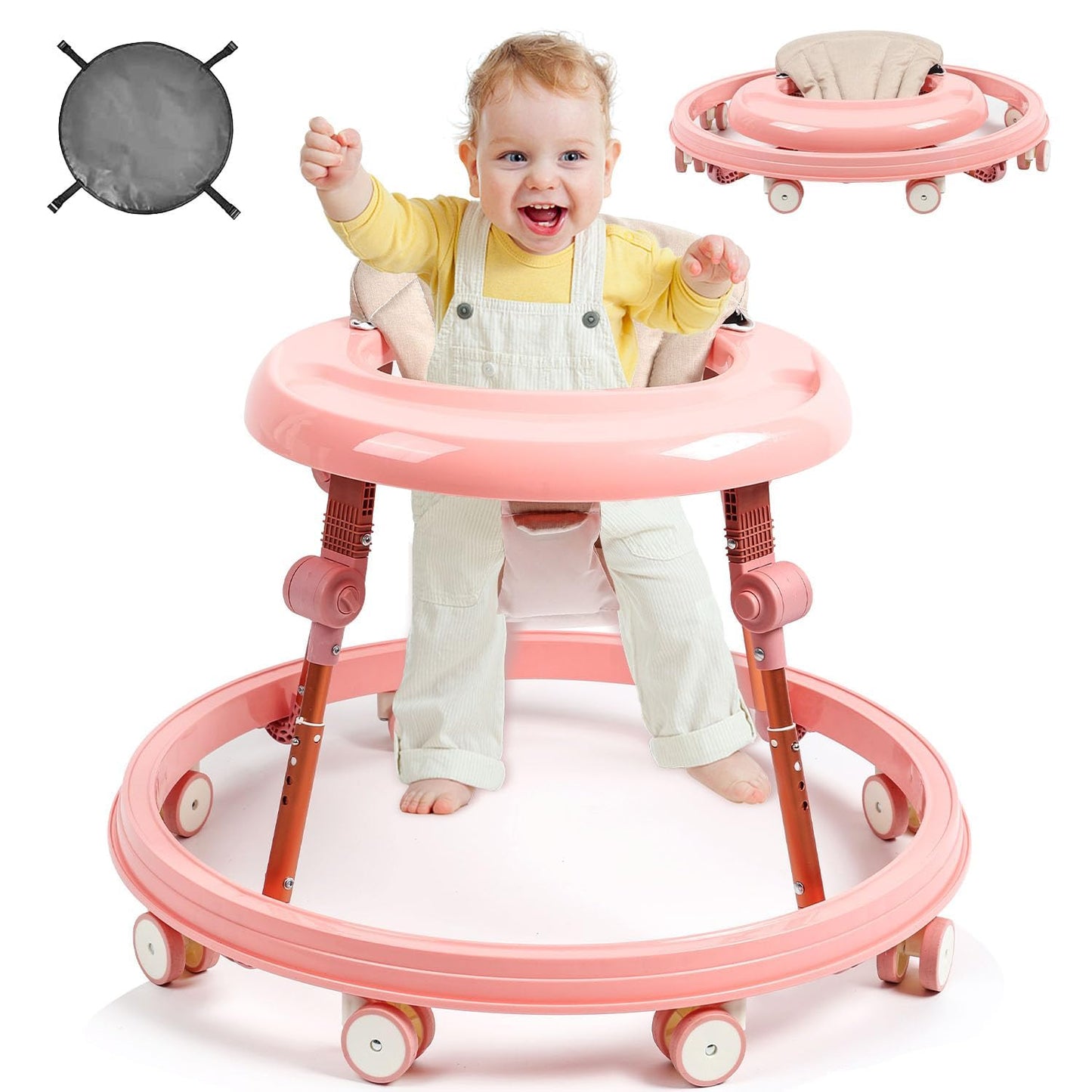 Baby Walker with Wheels, Foldable Adjustable Height Toddler Walker, Baby Walker & Activity Center for Boys Girls 6-18 Months, Enlarged Chassis Baby Walker and Bouncer Combo, Anti-Rollover,Pink