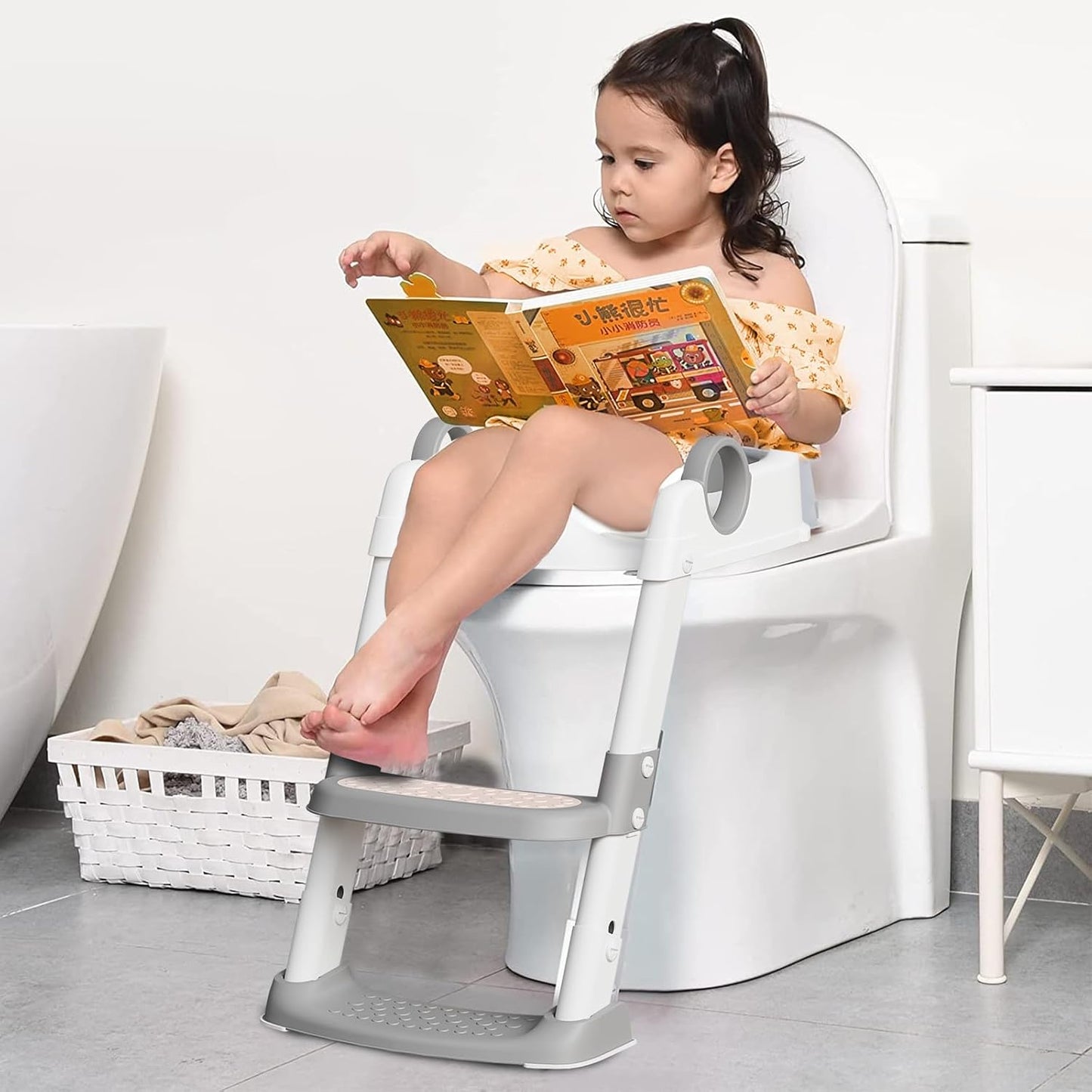 Potty Training Toilet Seat with Step Stool Ladder,Potty Training Toilet for Boys Girls-Comfortable Safe Potty Seat Potty Chair with Anti-Slip Pads Ladder,Splash Guard and Safety Handles (Gray)