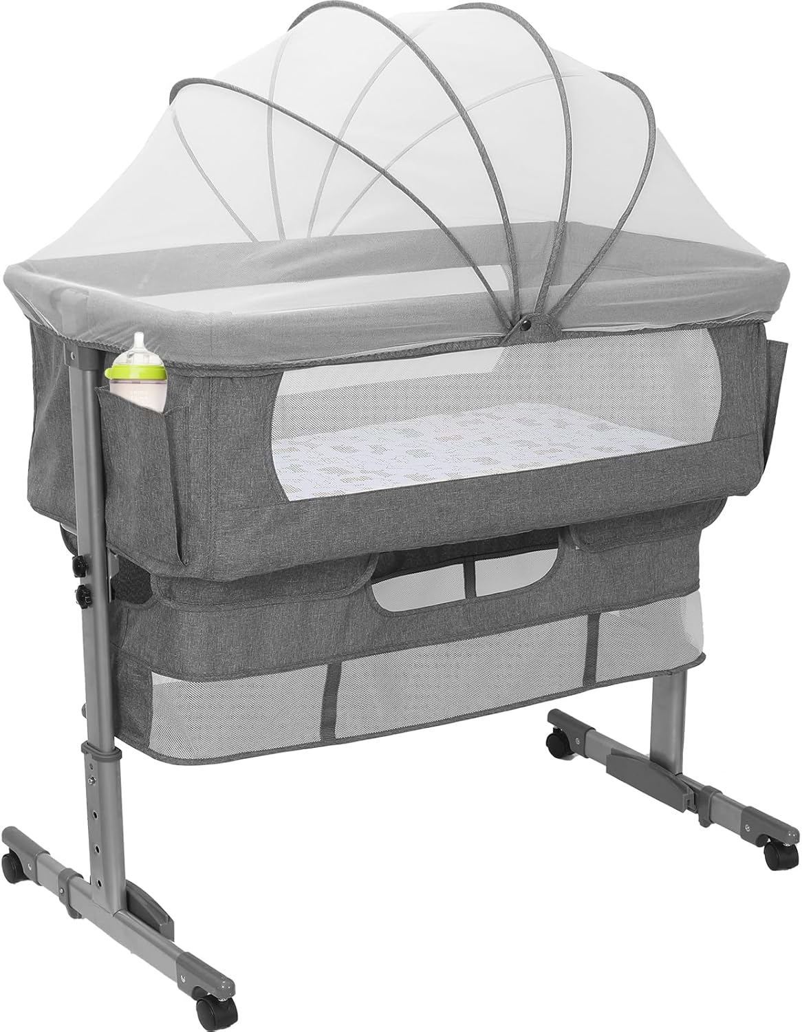3 in 1 Baby Bassinet Bedside Sleeper,Bedside Bassinet for Baby,4 Height Adjustable Bedside Crib with Storage Basket & Mosquito Net,Easy Folding Bassinet for Newborn/Infant,Safe Portable Baby Bed