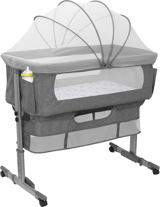 3 in 1 Baby Bassinet Bedside Sleeper,Bedside Bassinet for Baby,4 Height Adjustable Bedside Crib with Storage Basket & Mosquito Net,Easy Folding Bassinet for Newborn/Infant,Safe Portable Baby Bed