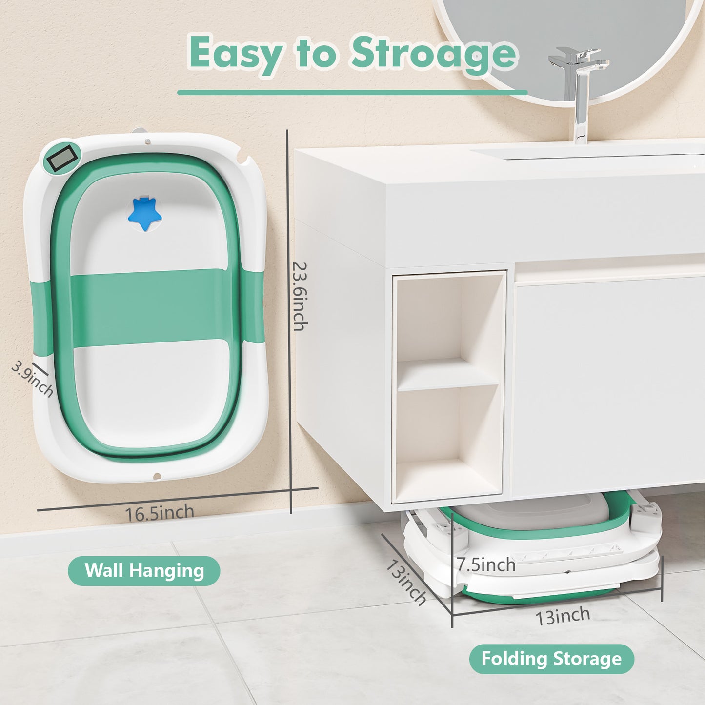 Aprpink Foldable Baby ‎PP+TPE Bathtub with Soft Cushion&Thermometer for 0-36 Months Toddler Turquoise