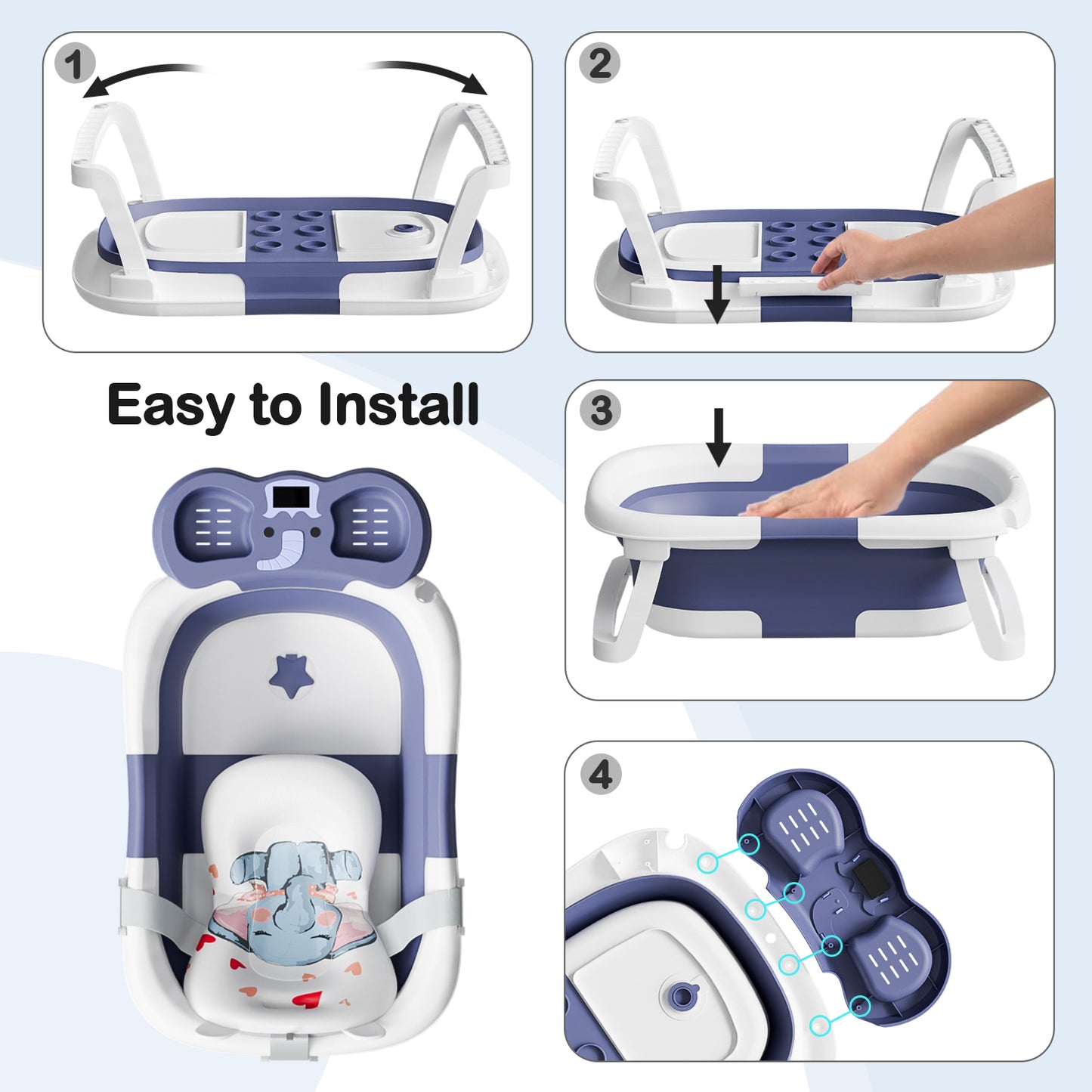Aprpink Foldable Baby ‎Bathtub Elephant PP+TPE with Soft Cushion&Thermometer for 0-36 Months Toddler Blue