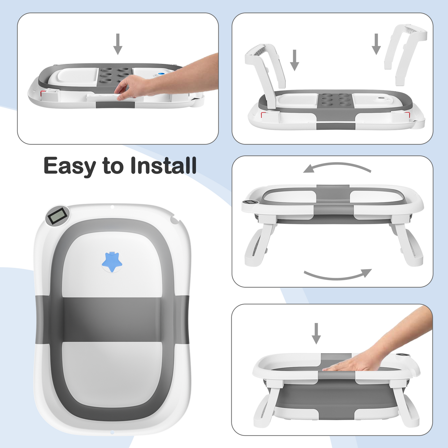 Aprpink Collapsible Baby Bathtub with Soft Bath Cushion&Thermometer Gray