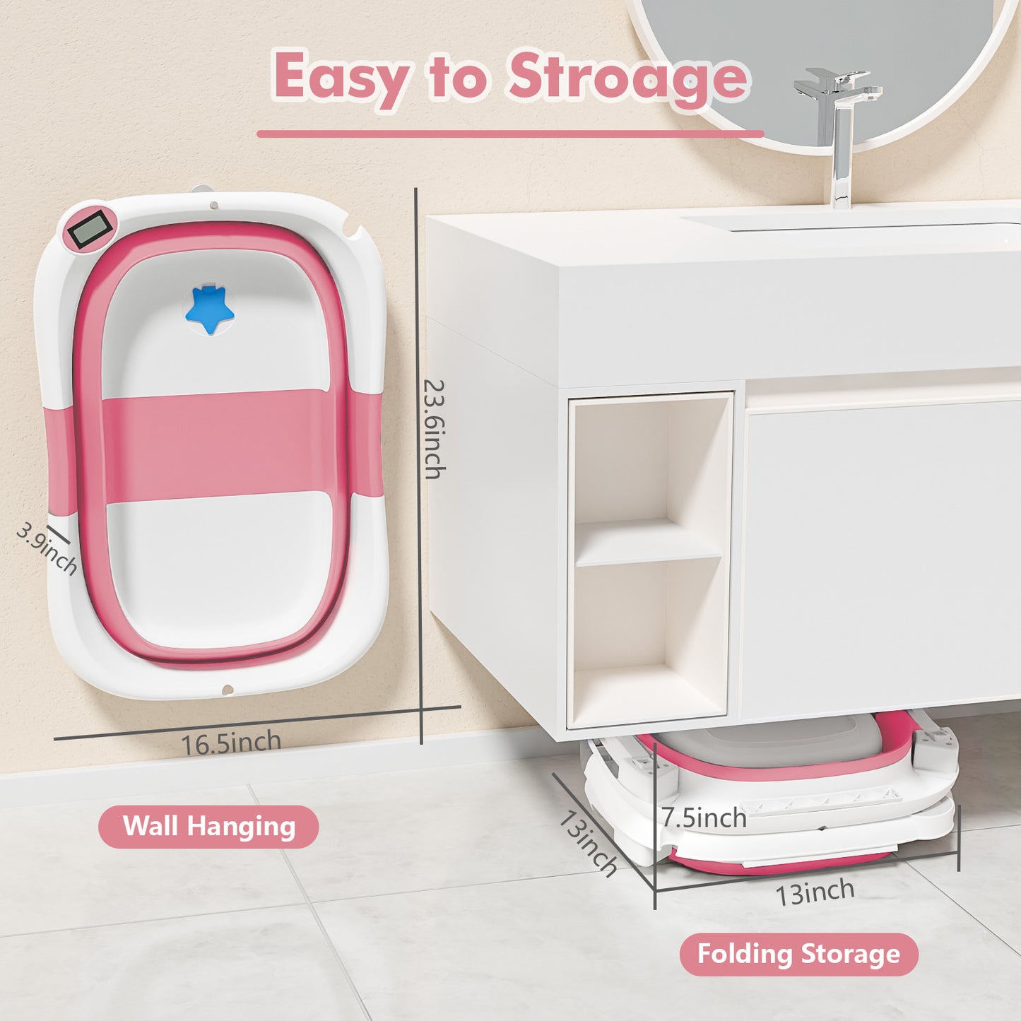 Aprpink Foldable Baby ‎PP+TPE Bathtub with Soft Cushion&Thermometer for 0-36 Months Toddler Dark Pink