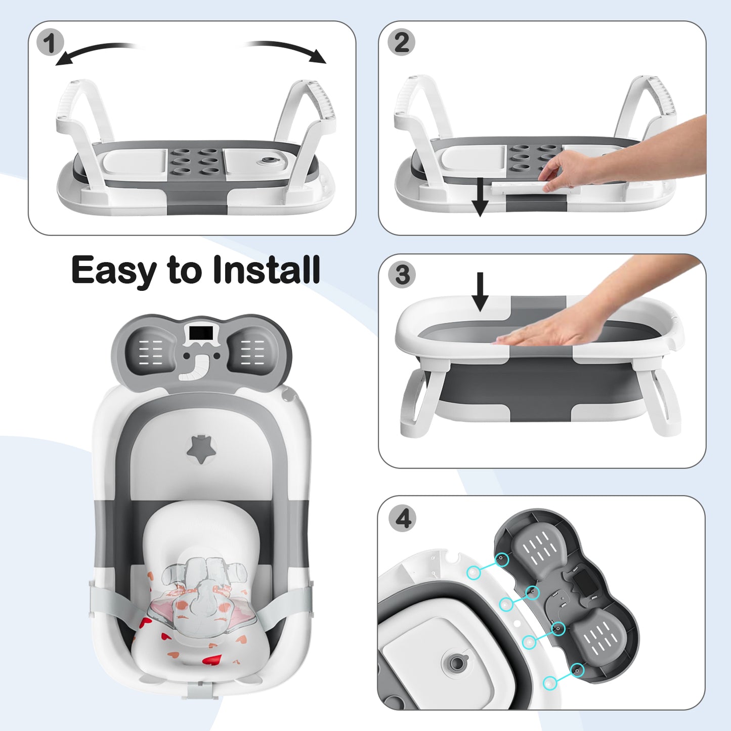 Aprpink Foldable Baby ‎Bathtub Elephant PP+TPE with Soft Cushion&Thermometer for 0-36 Months Toddler Gray