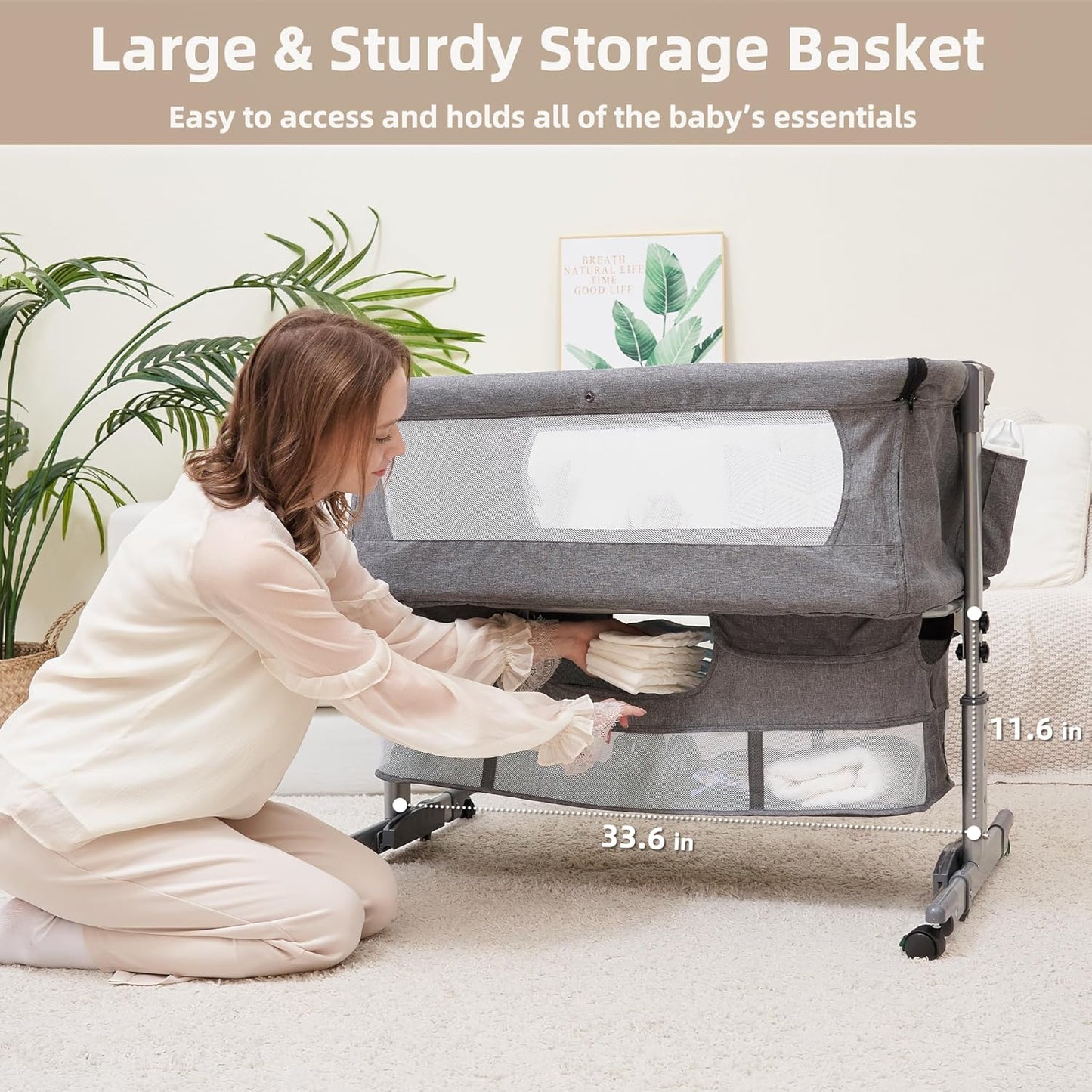 3 in 1 Baby Bassinet Bedside Sleeper,Bedside Bassinet for Baby,4 Height Adjustable Bedside Crib with Storage Basket & Mosquito Net,Easy Folding Bassinet for Newborn/Infant,Safe Portable Baby Bed