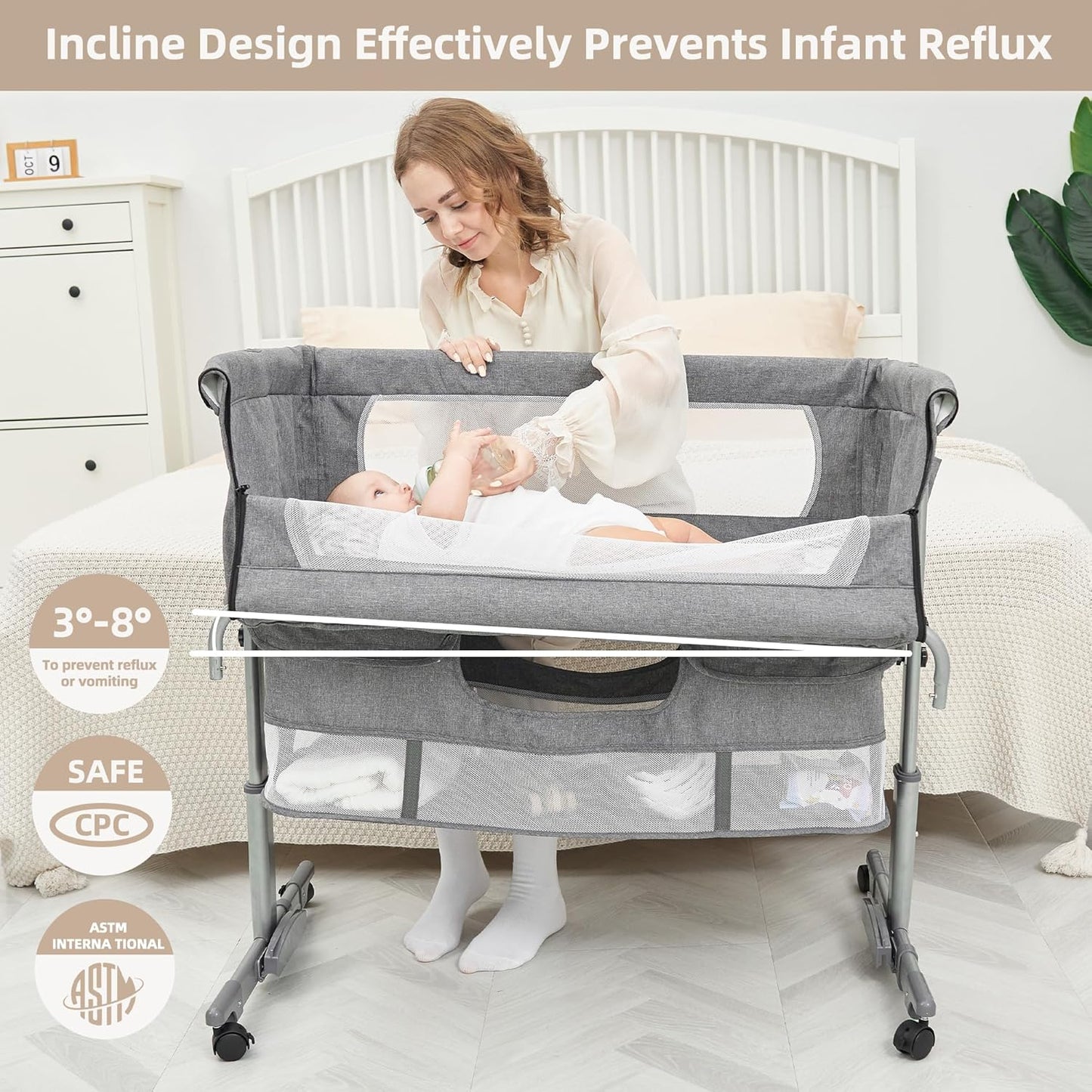 3 in 1 Baby Bassinet Bedside Sleeper,Bedside Bassinet for Baby,4 Height Adjustable Bedside Crib with Storage Basket & Mosquito Net,Easy Folding Bassinet for Newborn/Infant,Safe Portable Baby Bed
