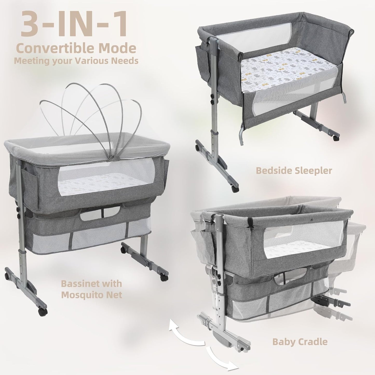 3 in 1 Baby Bassinet Bedside Sleeper,Bedside Bassinet for Baby,4 Height Adjustable Bedside Crib with Storage Basket & Mosquito Net,Easy Folding Bassinet for Newborn/Infant,Safe Portable Baby Bed