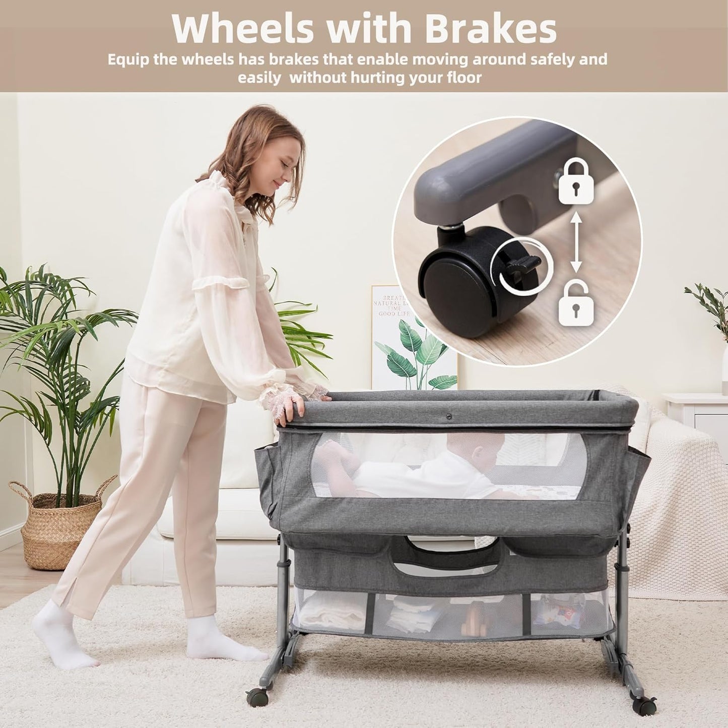 3 in 1 Baby Bassinet Bedside Sleeper,Bedside Bassinet for Baby,4 Height Adjustable Bedside Crib with Storage Basket & Mosquito Net,Easy Folding Bassinet for Newborn/Infant,Safe Portable Baby Bed