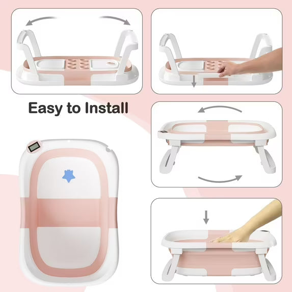Aprpink Foldable Baby Bathtub PP+TPE with Soft Bath Net&Thermometer for 0-36 Months Toddler Pink
