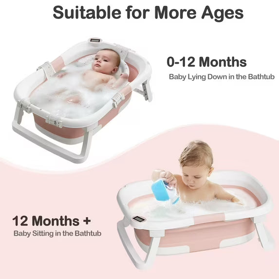 Aprpink Foldable Baby Bathtub PP+TPE with Soft Bath Net&Thermometer for 0-36 Months Toddler Pink