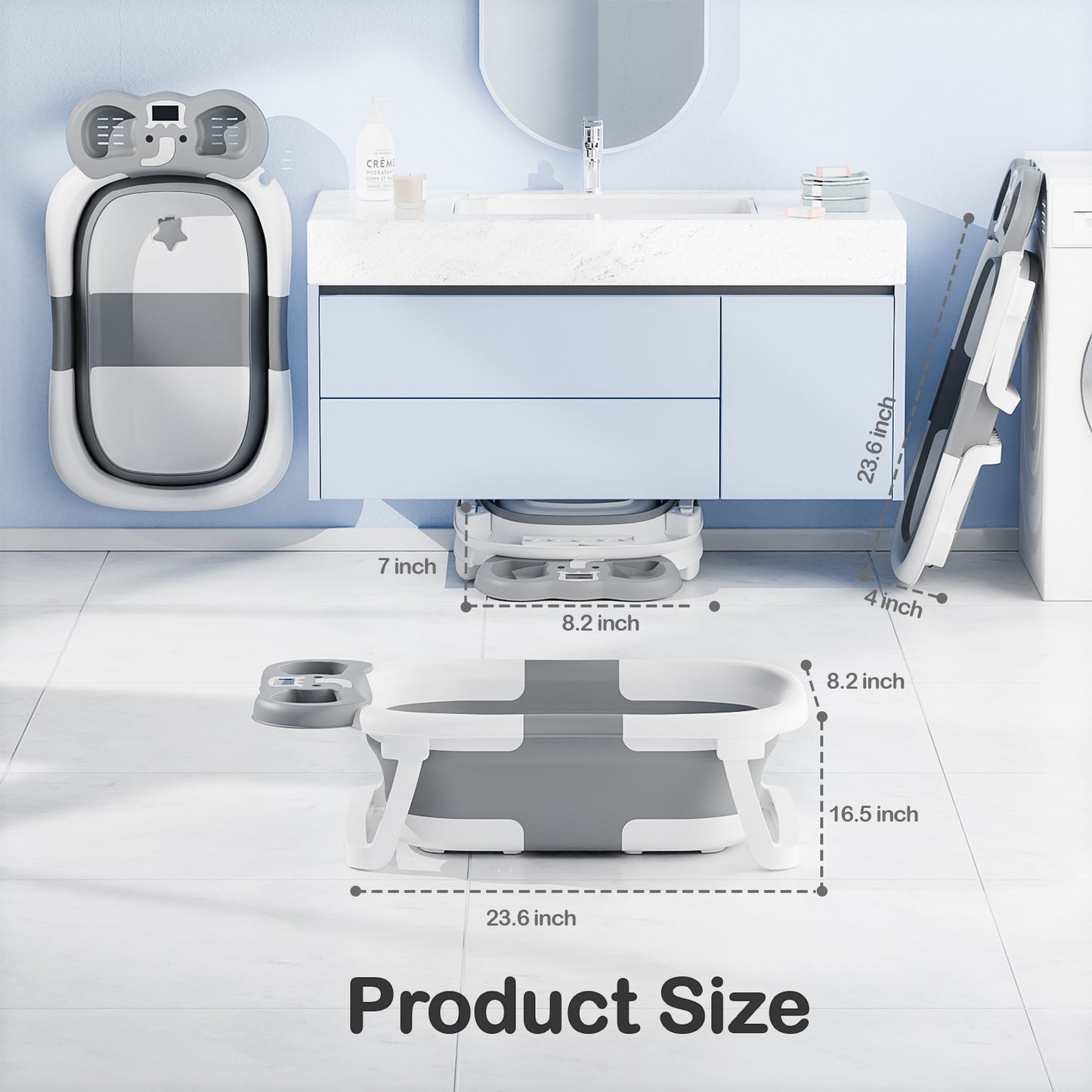 Aprpink Foldable Baby ‎Bathtub Elephant PP+TPE with Soft Cushion&Thermometer for 0-36 Months Toddler Gray