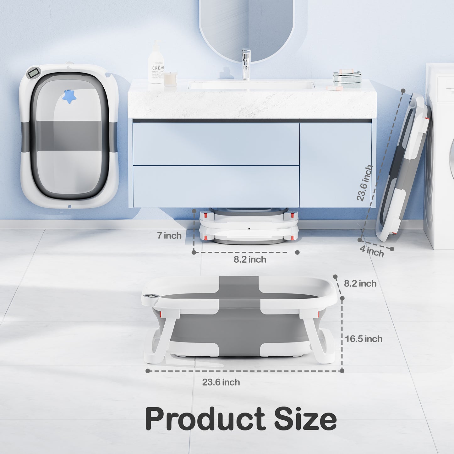 Aprpink Collapsible Baby Bathtub with Soft Bath Cushion&Thermometer Gray