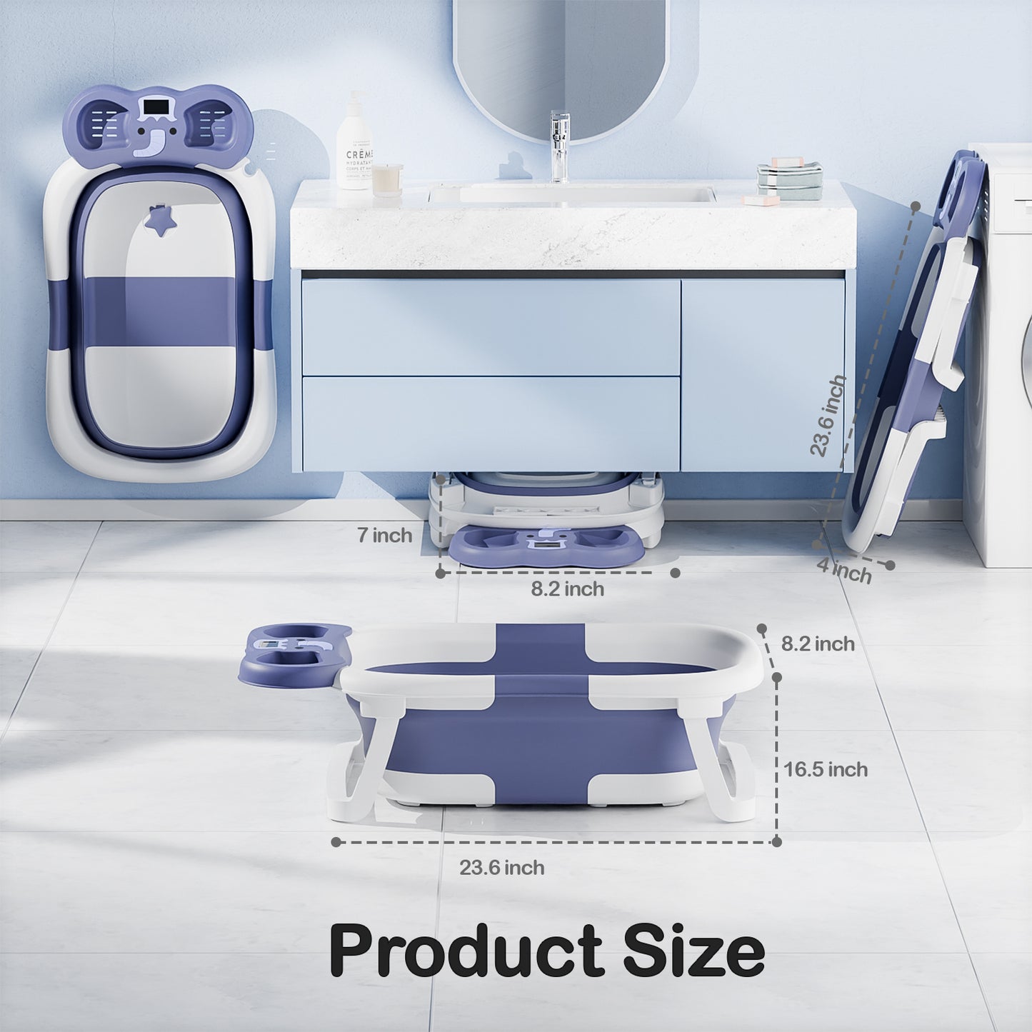 Aprpink Foldable Baby ‎Bathtub Elephant PP+TPE with Soft Cushion&Thermometer for 0-36 Months Toddler Blue