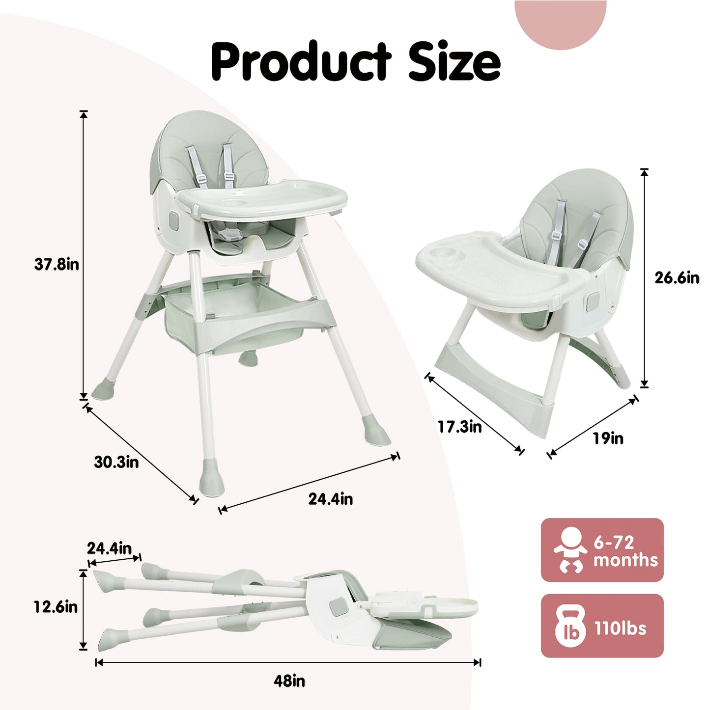 Aprpink 6-in-1 Baby Convertible High Chair with 5-Point PU Safety Harness, /Green Striped, 1 Piece