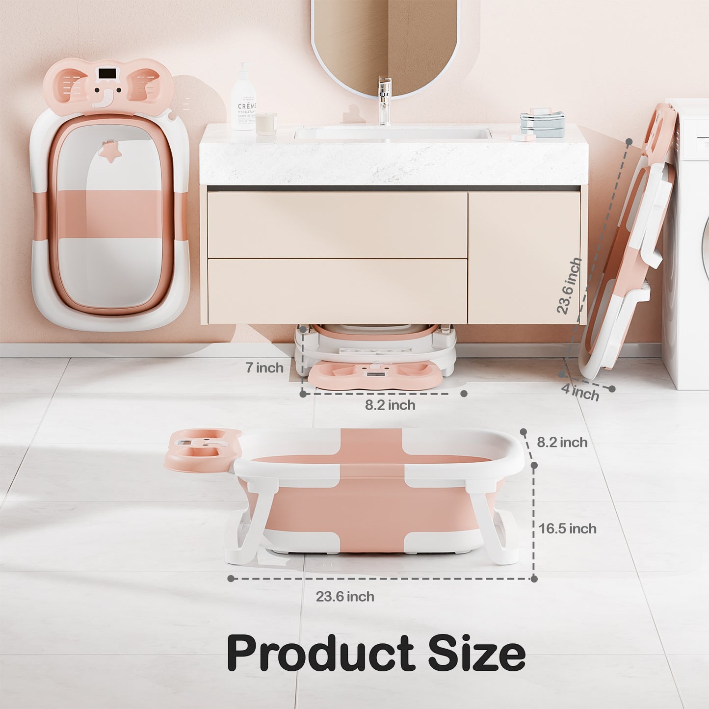 Aprpink Foldable Baby ‎Bathtub Elephant PP+TPE with Soft Cushion&Thermometer for 0-36 Months Toddler Pink