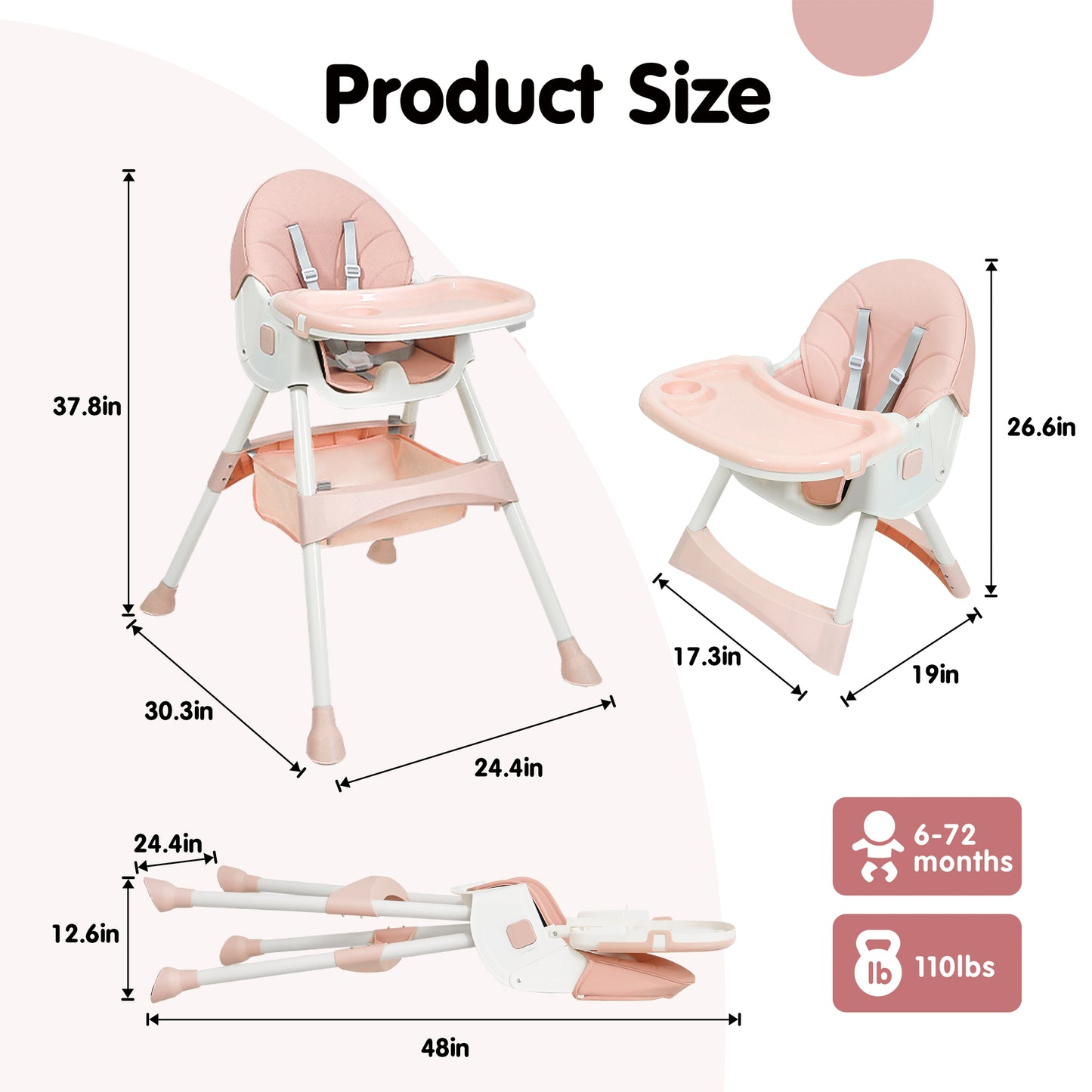Aprpink 6 in 1 Baby Convertible High Chair with 5 Point PU Safety Harness, Pink Striped, 1 Piece