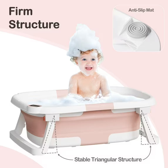 Aprpink Foldable Baby Bathtub PP+TPE with Soft Bath Net&Thermometer for 0-36 Months Toddler Pink
