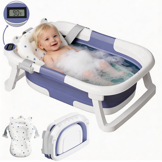 Aprpink Foldable Baby Bathtub PP+TPE with Soft Bath Net&Thermometer for 0-36 Months Toddler Blue