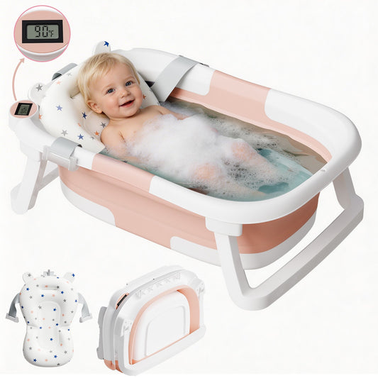 Aprpink Foldable Baby Bathtub PP+TPE with Soft Bath Net&Thermometer for 0-36 Months Toddler Pink